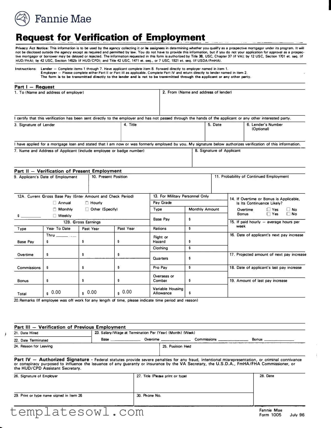 Fill Out Your 1005 Verification Of Employment Form