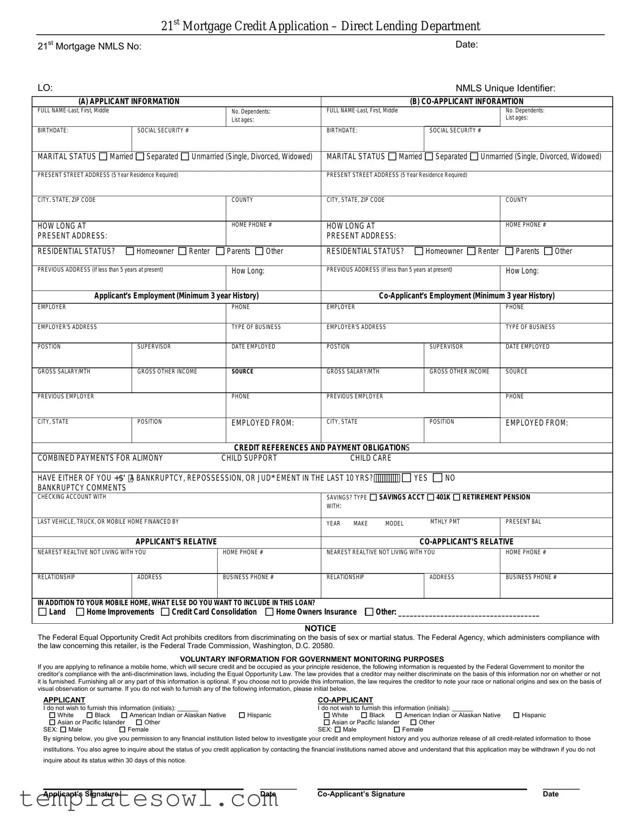 Fill Out Your 21St Mortgage Credit Application Form