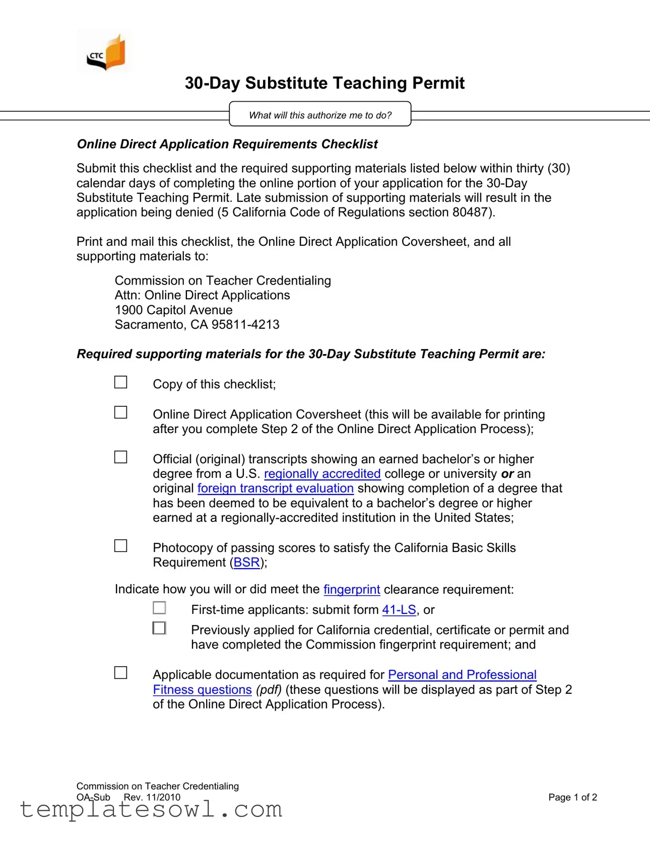 Fill Out Your 30 Teaching Permit Form
