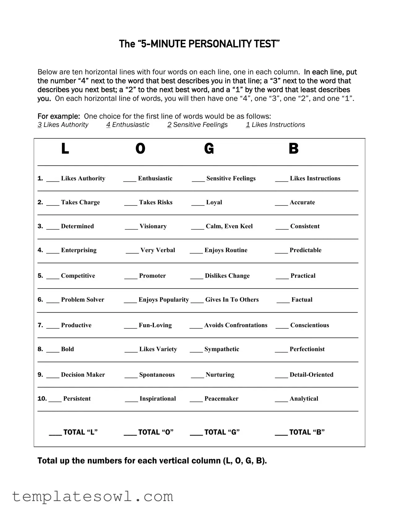 Fill Out Your 5 Minute Personality Test Form