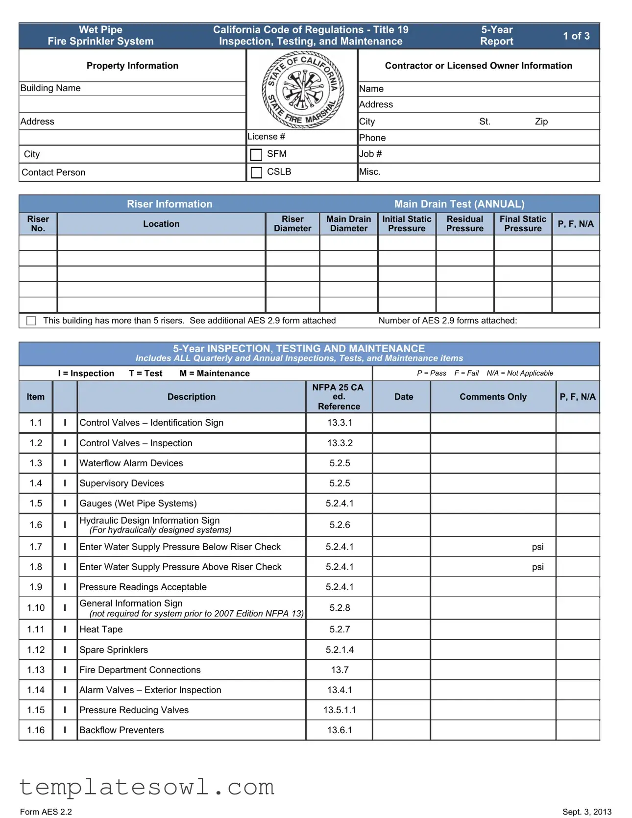 Fill Out Your 5 Year Fire Sprinkler Inspection Form