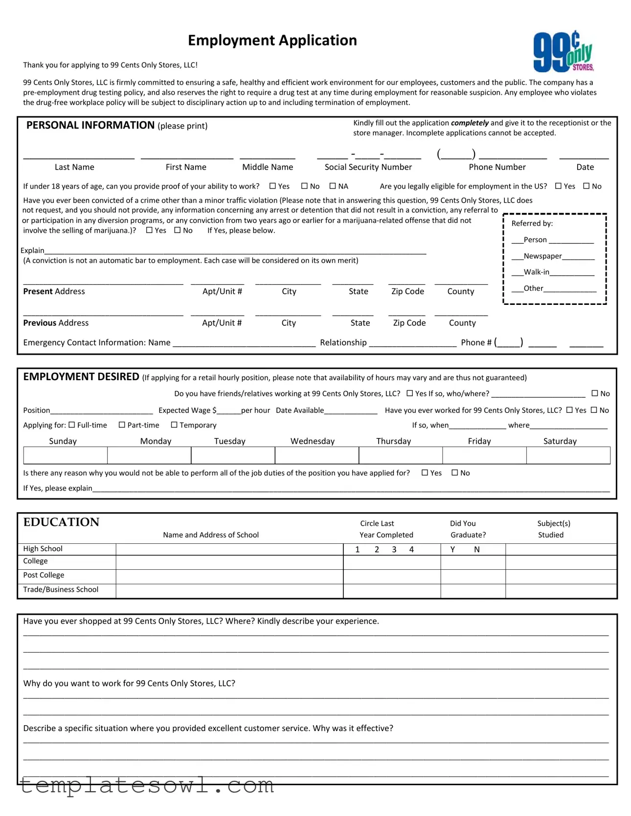 Fill Out Your 99 Cent Job Application Form