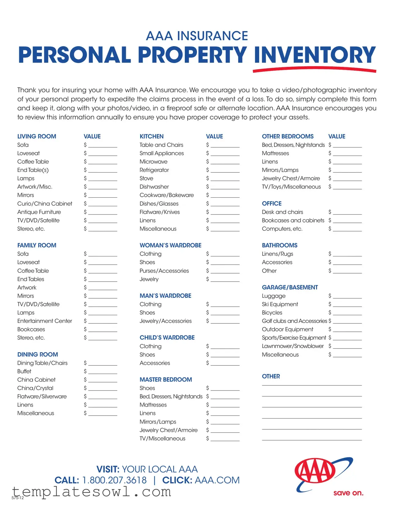 Fill Out Your Aaa Property Loss Worksheet Form