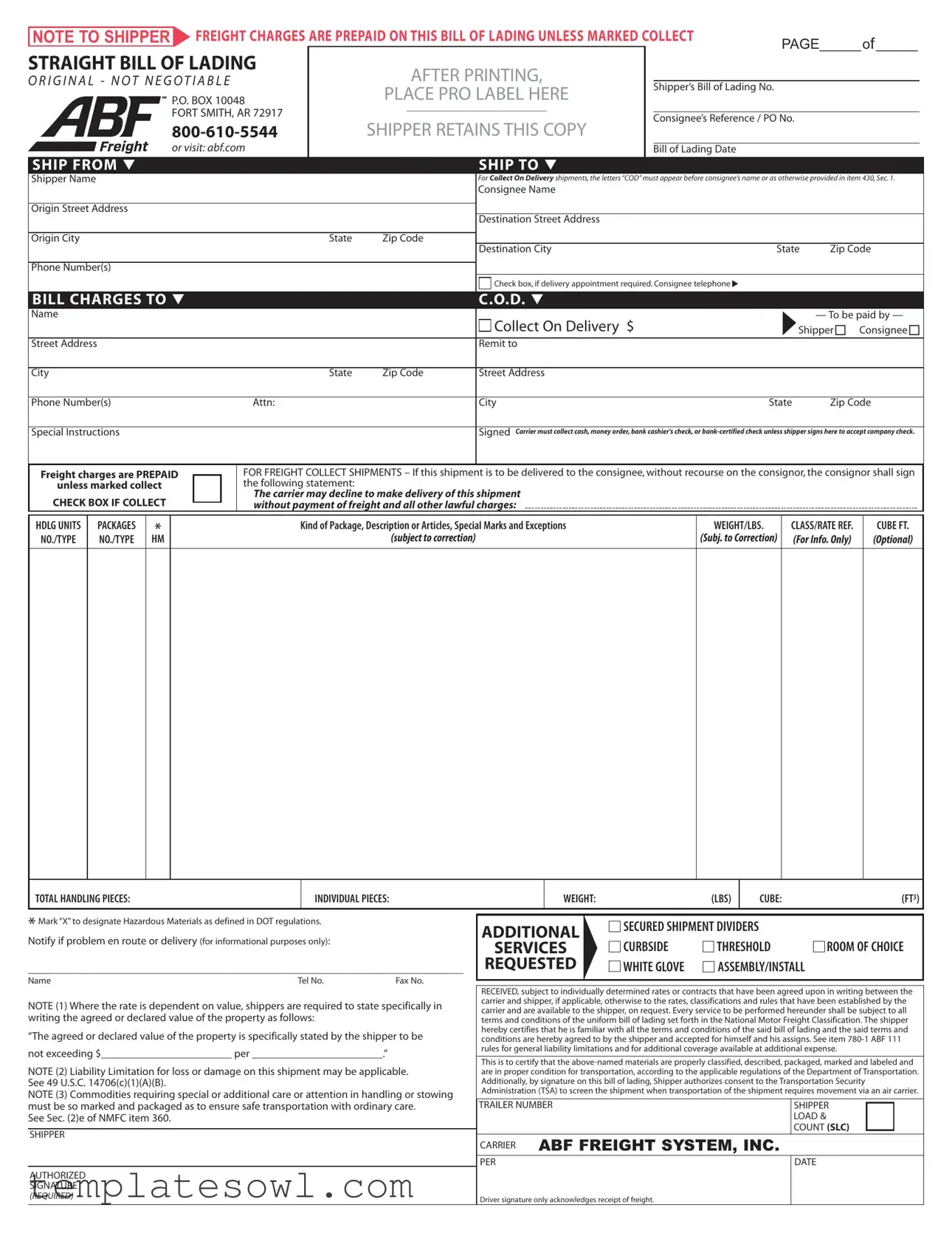 Fill Out Your Abf Freight Bill Of Lading Form
