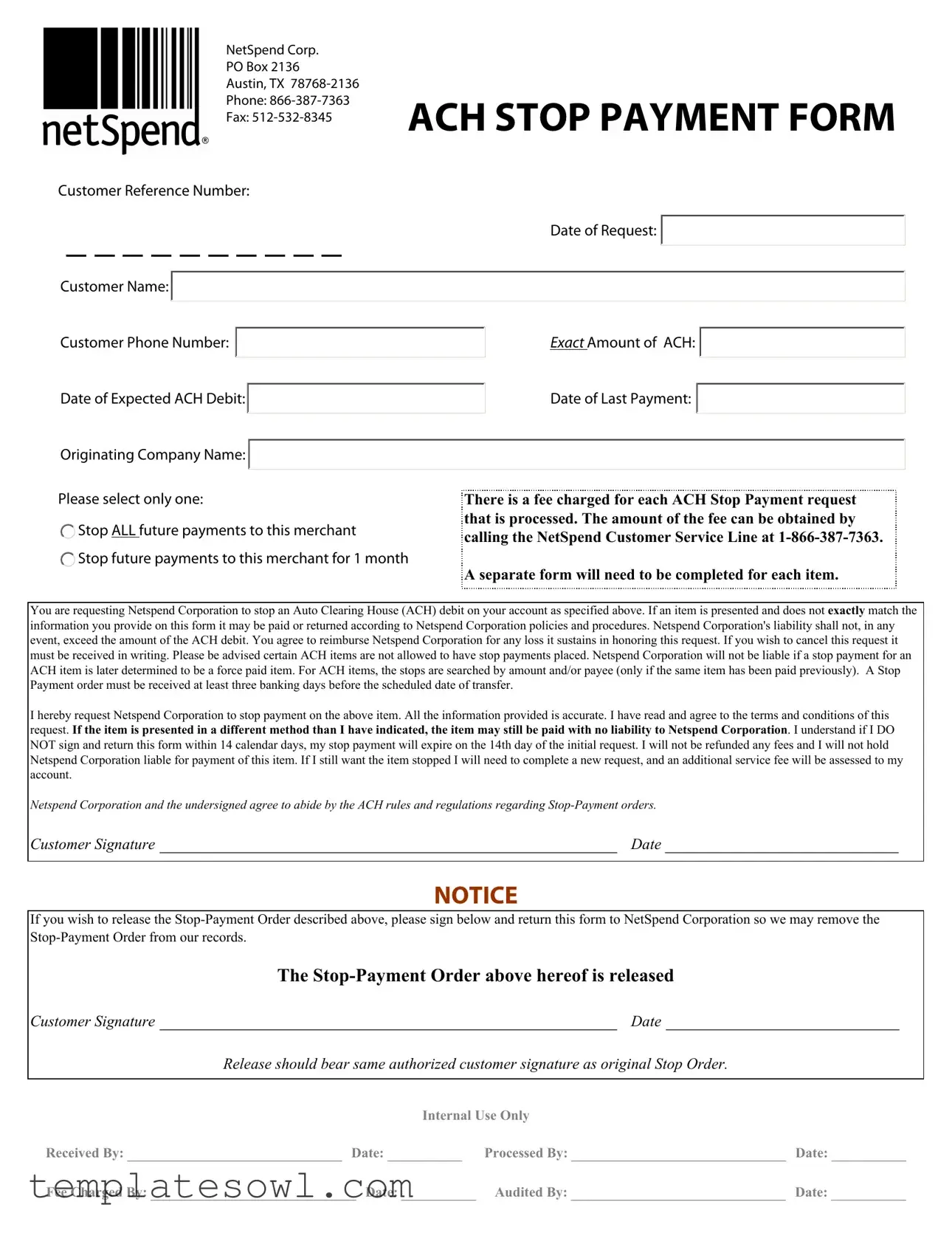 Fill Out Your Ach Stop Payment Form