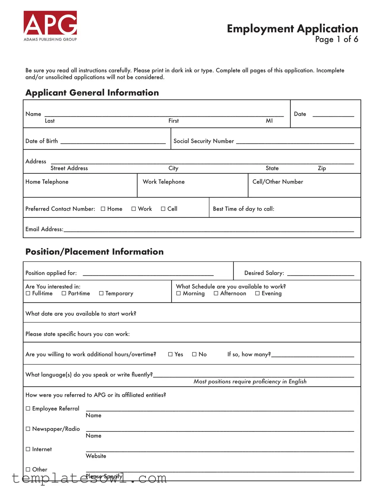 Fill Out Your Adams Application Employment Form