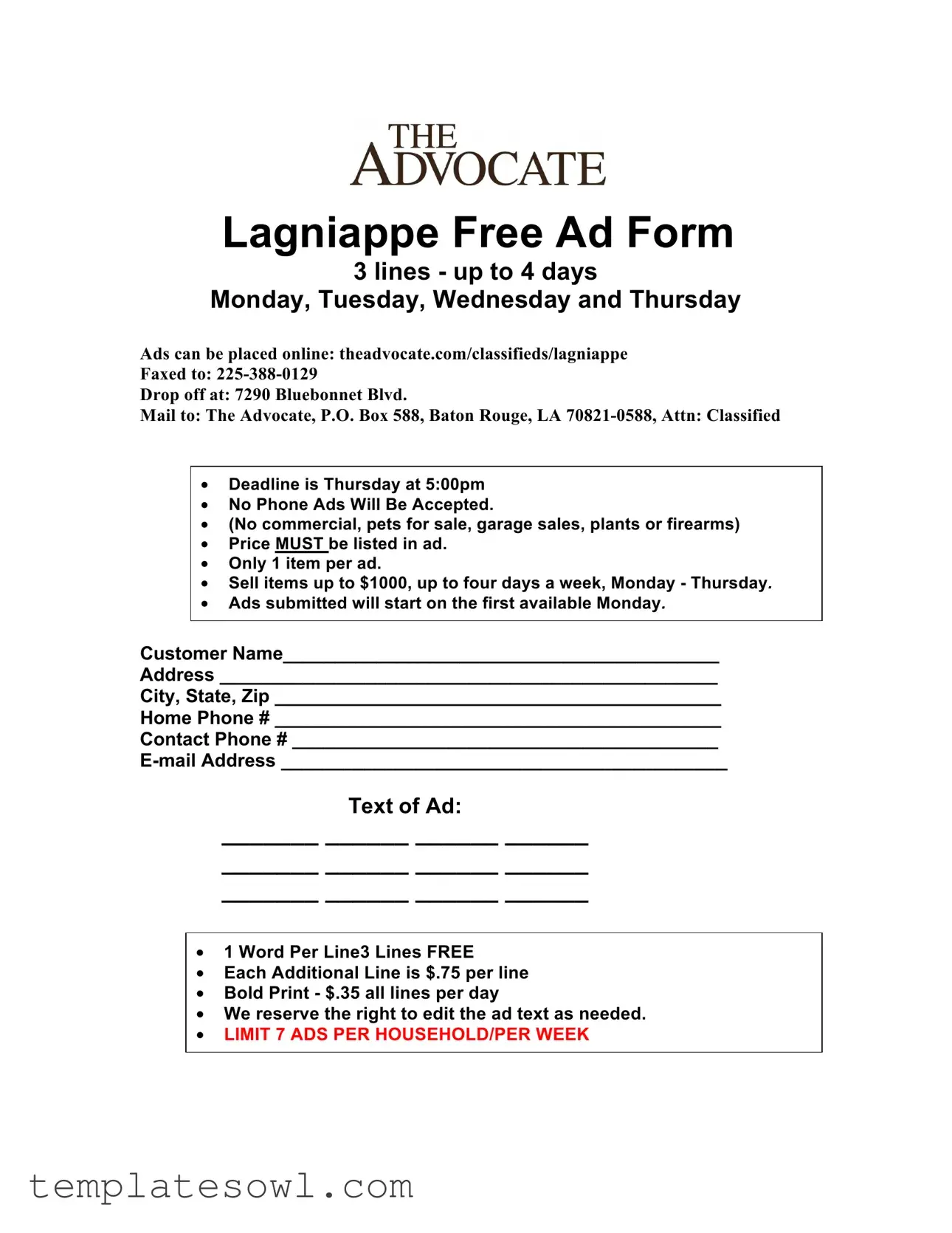 Fill Out Your Advocate Classifieds Form