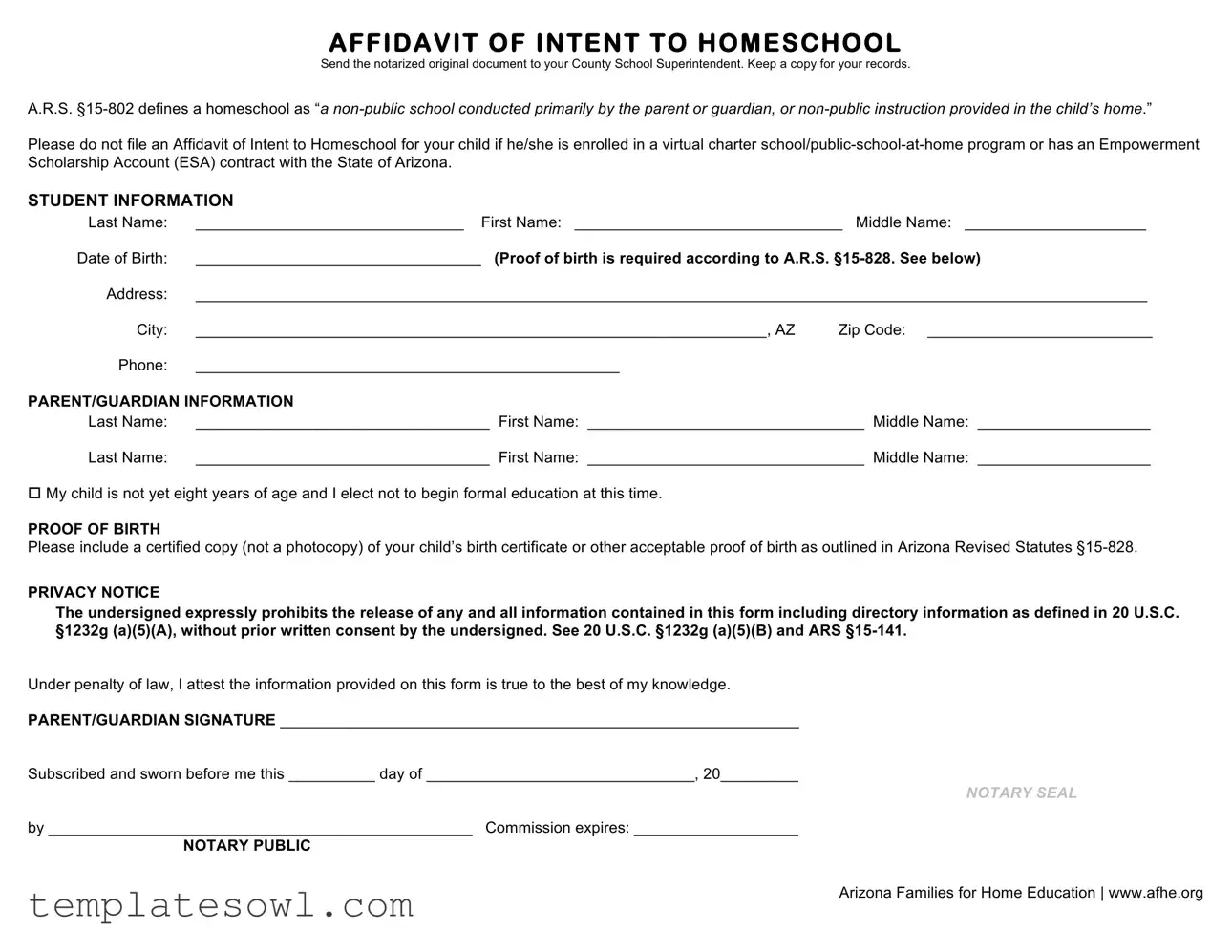 Fill Out Your Affidavit Homeschool Maricopa County Form