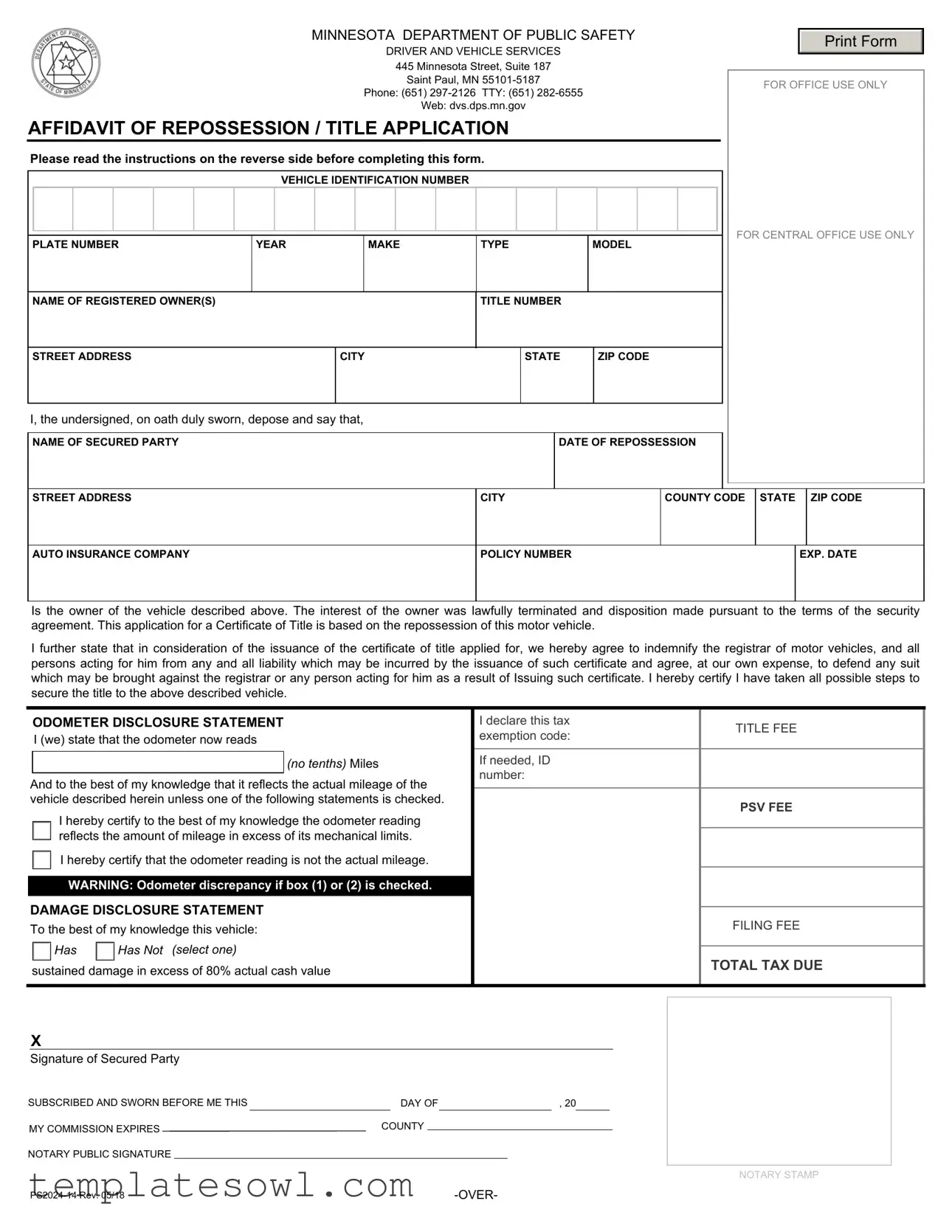 Fill Out Your Affidavit Of Repossession Minnesota Form