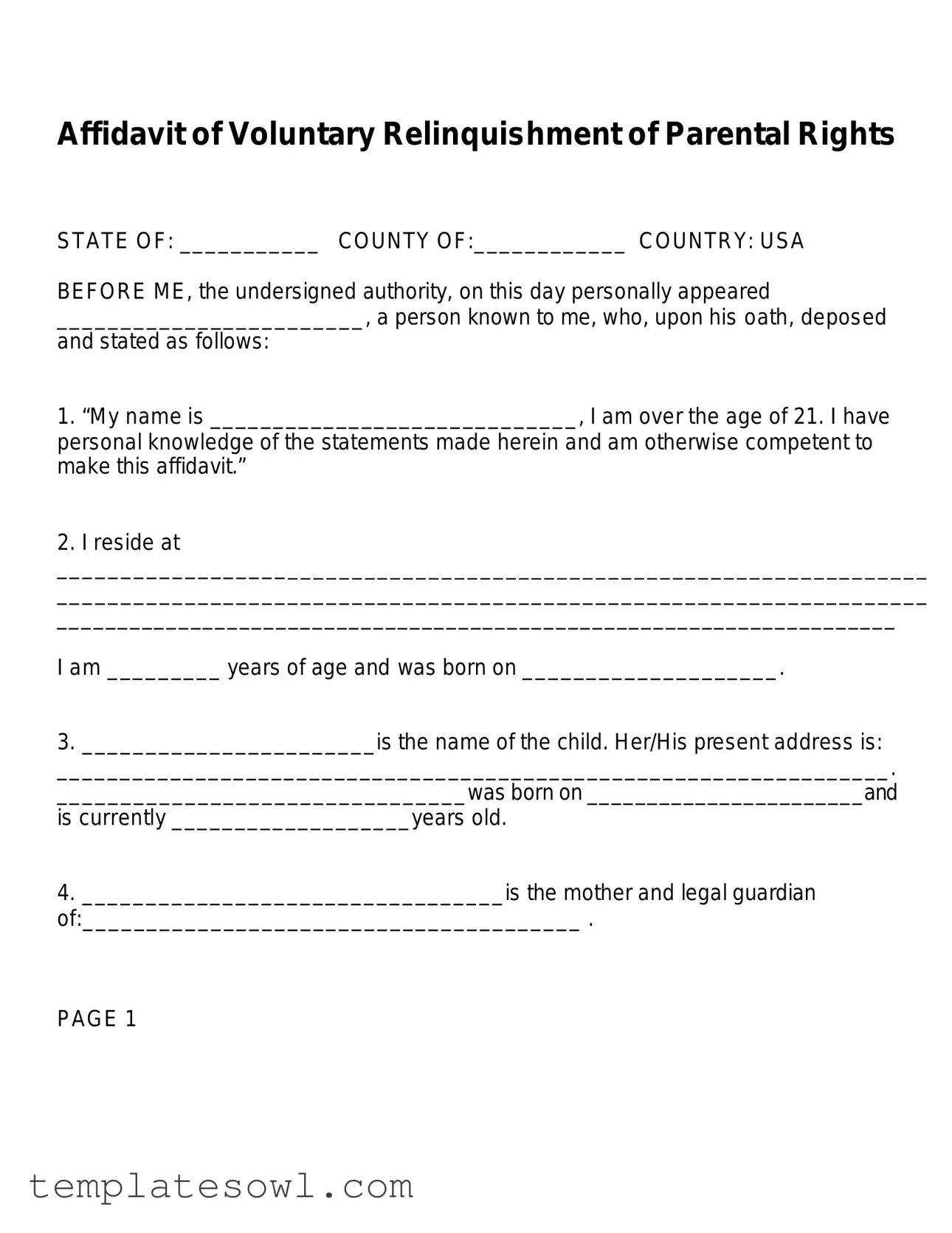 Fill Out Your Affidavit Parental Rights Form