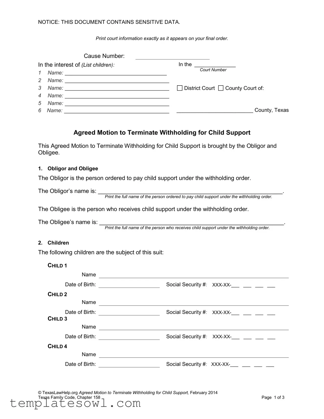 Fill Out Your Agreed Motion Terminate Child Support Form
