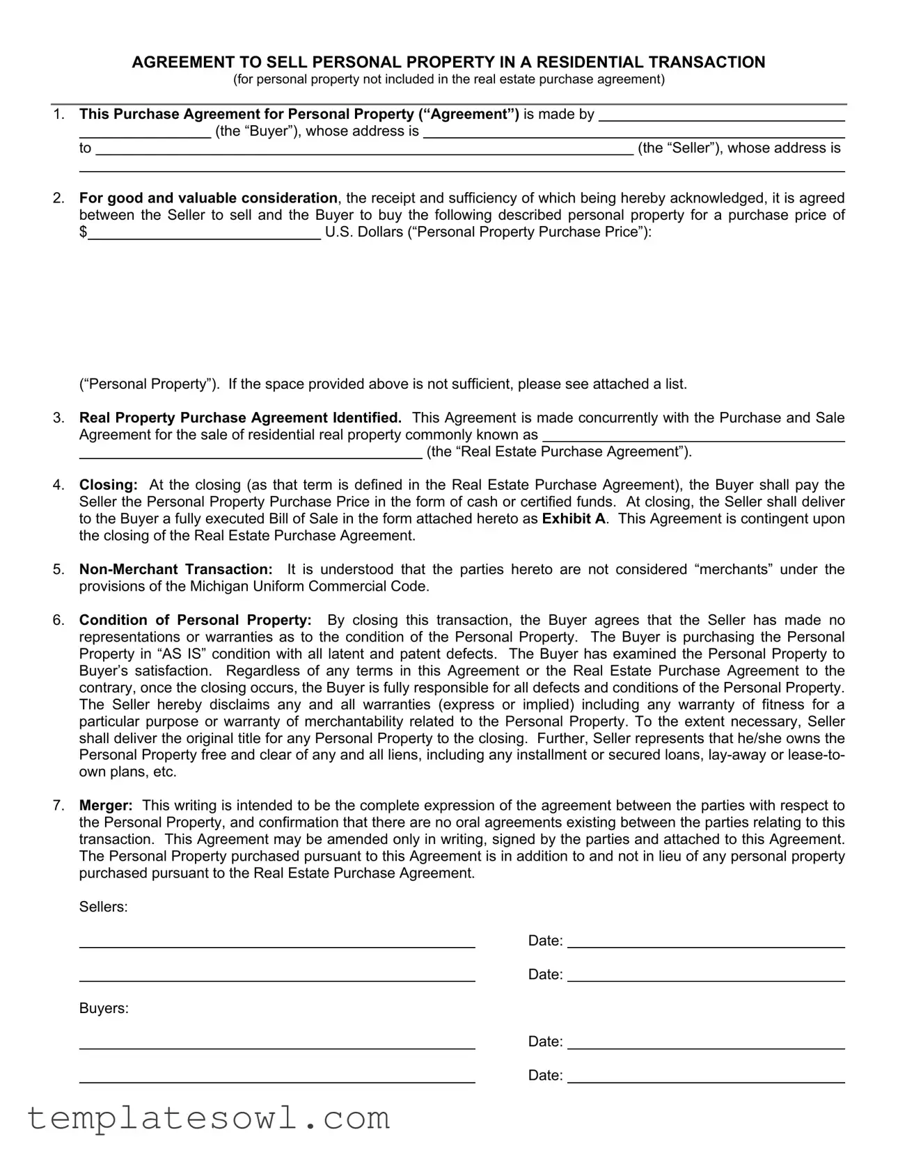 Fill Out Your Agreement Personal Property Form