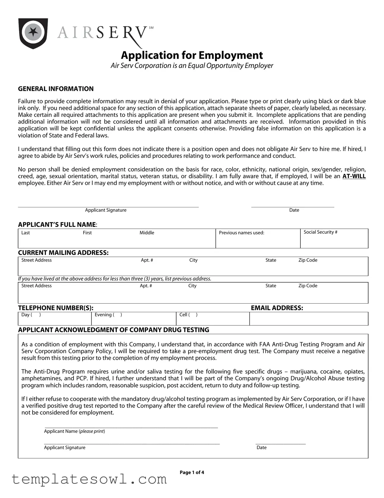 Fill Out Your Airserv Employment Form