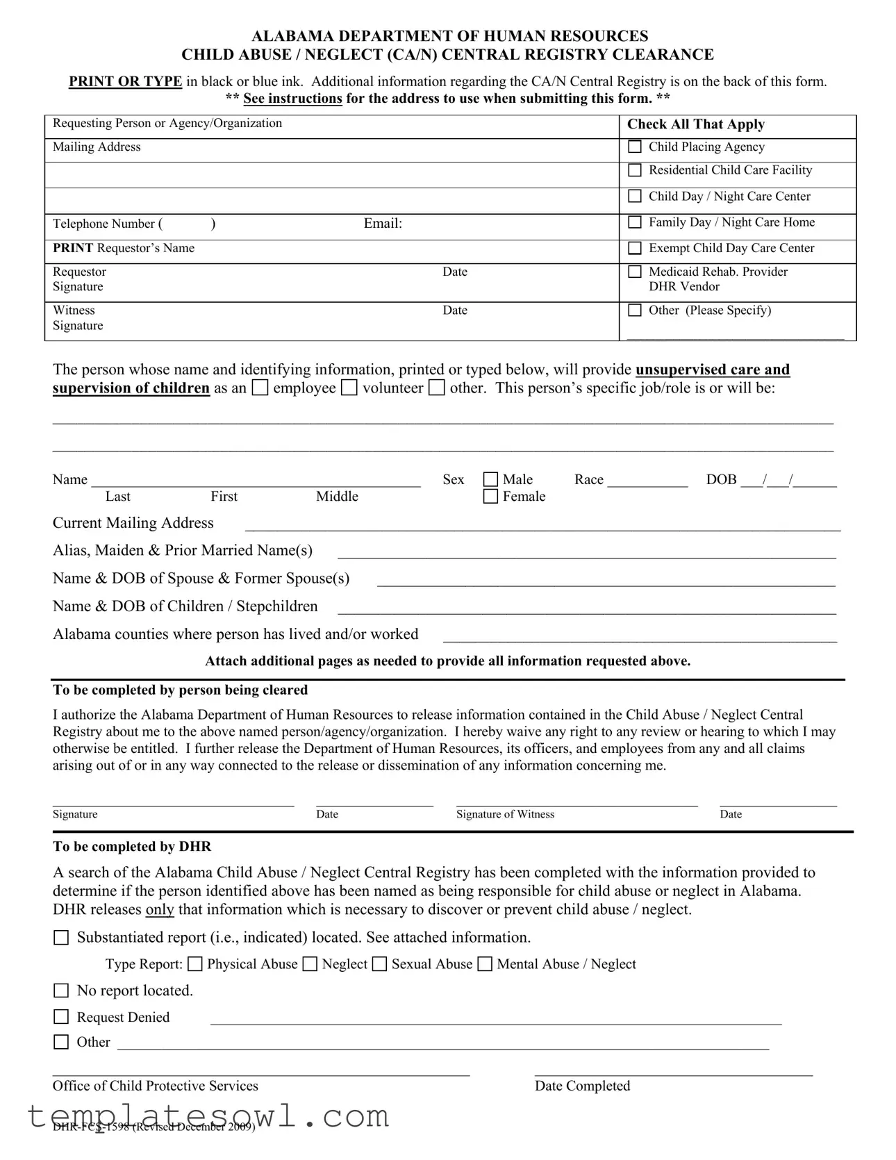 Fill Out Your Alabama Central Registry Clearance Form
