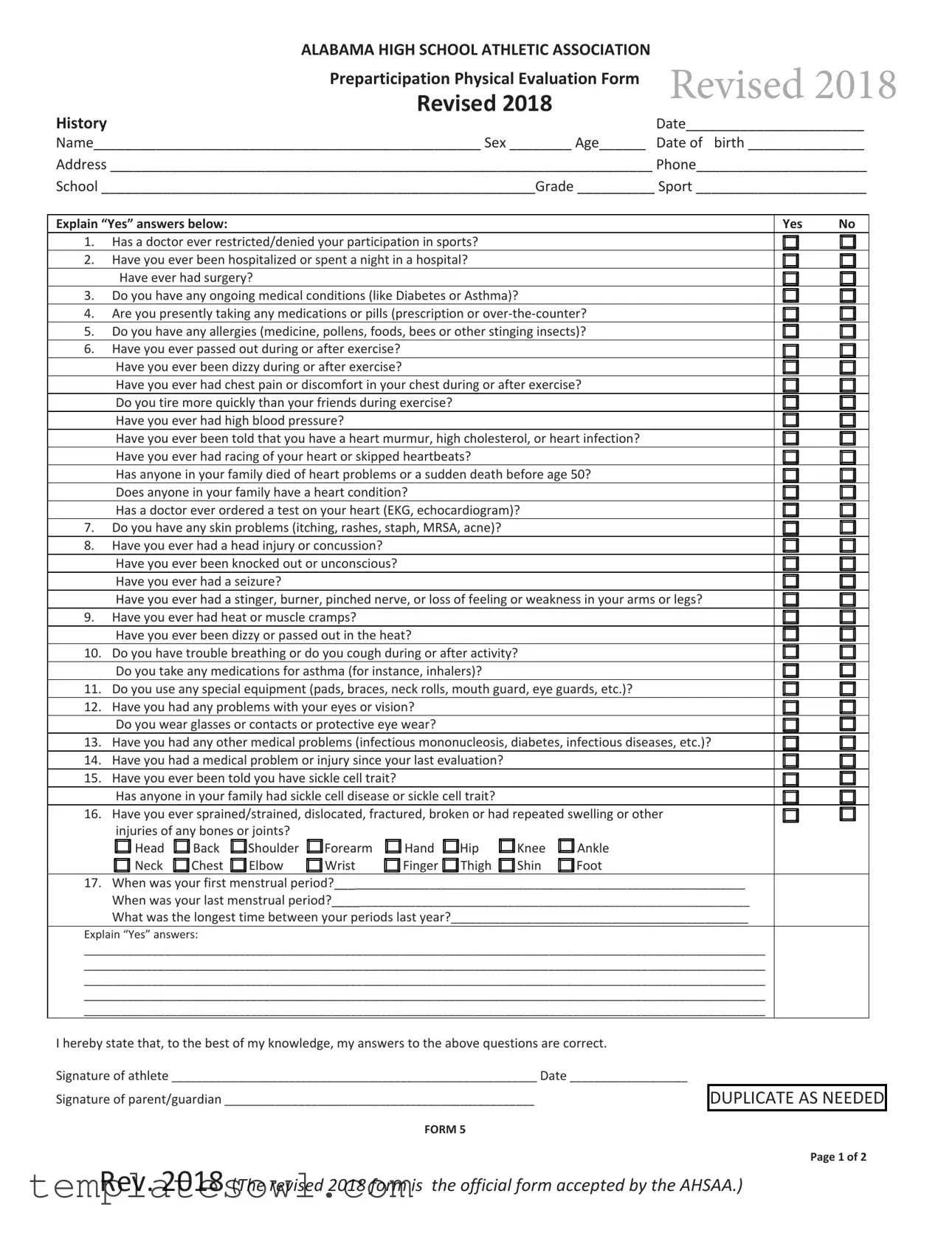 Fill Out Your Alabama High School Physical Form