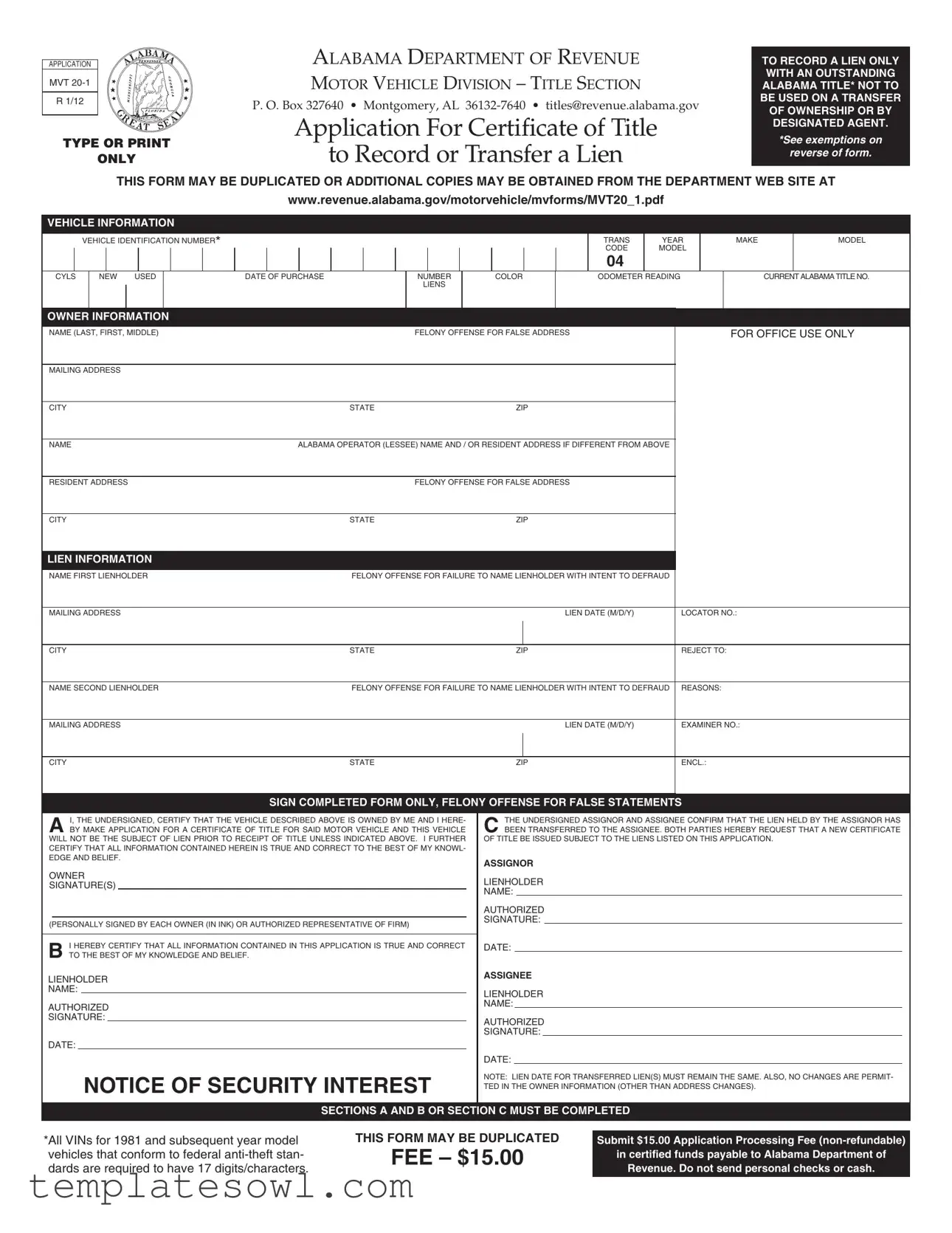 Fill Out Your Alabama Mvt 20 1 Form