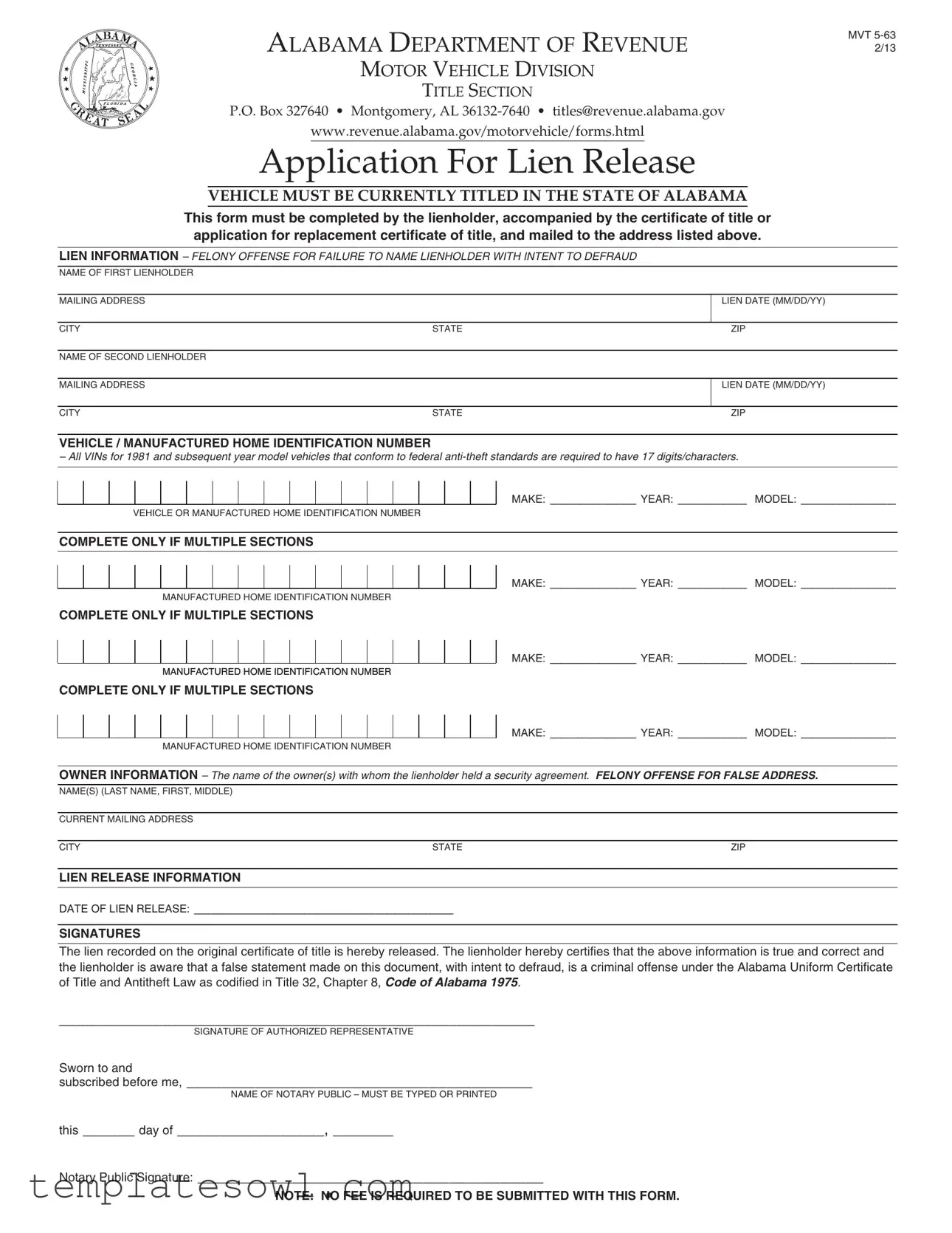 Fill Out Your Alabama Mvt 5 63 Form