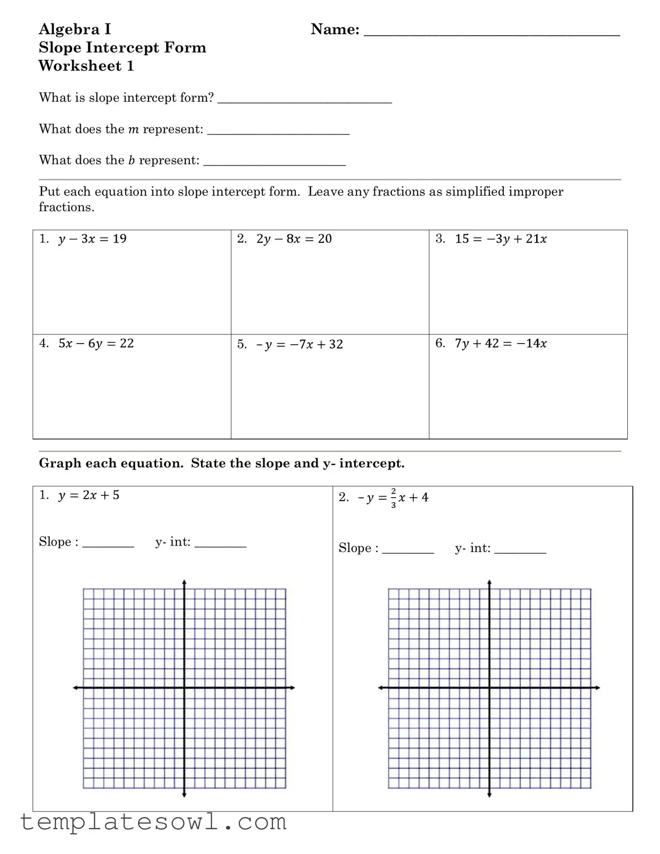 Fill Out Your Algebra 1 Slope Intercept Form