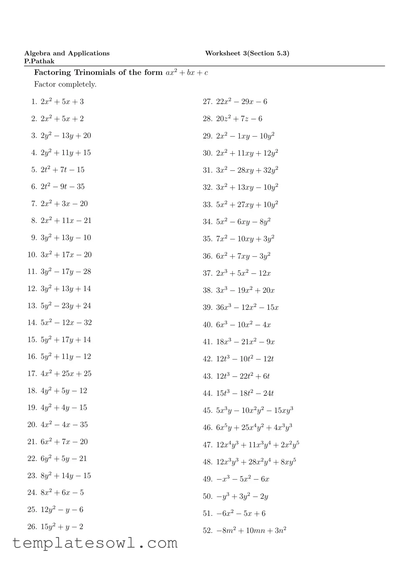 Fill Out Your Algebra Ax2 Factoring Form