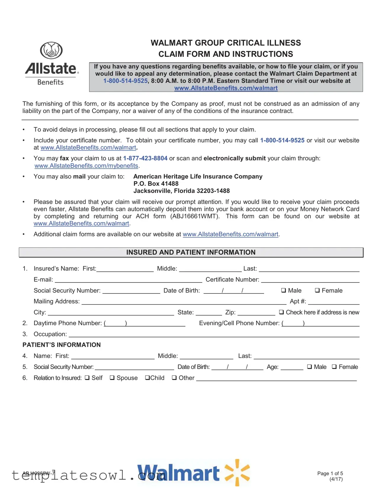 Fill Out Your Allstate Critical Illness Walmart Form