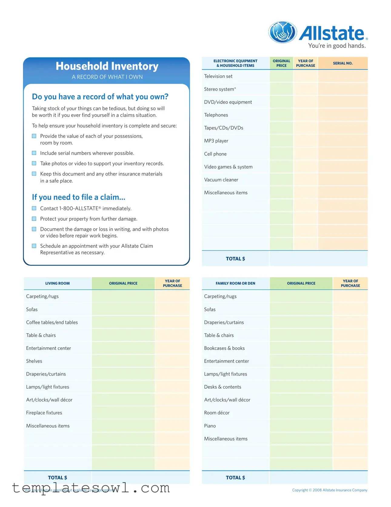 Fill Out Your Allstate Inventory Form