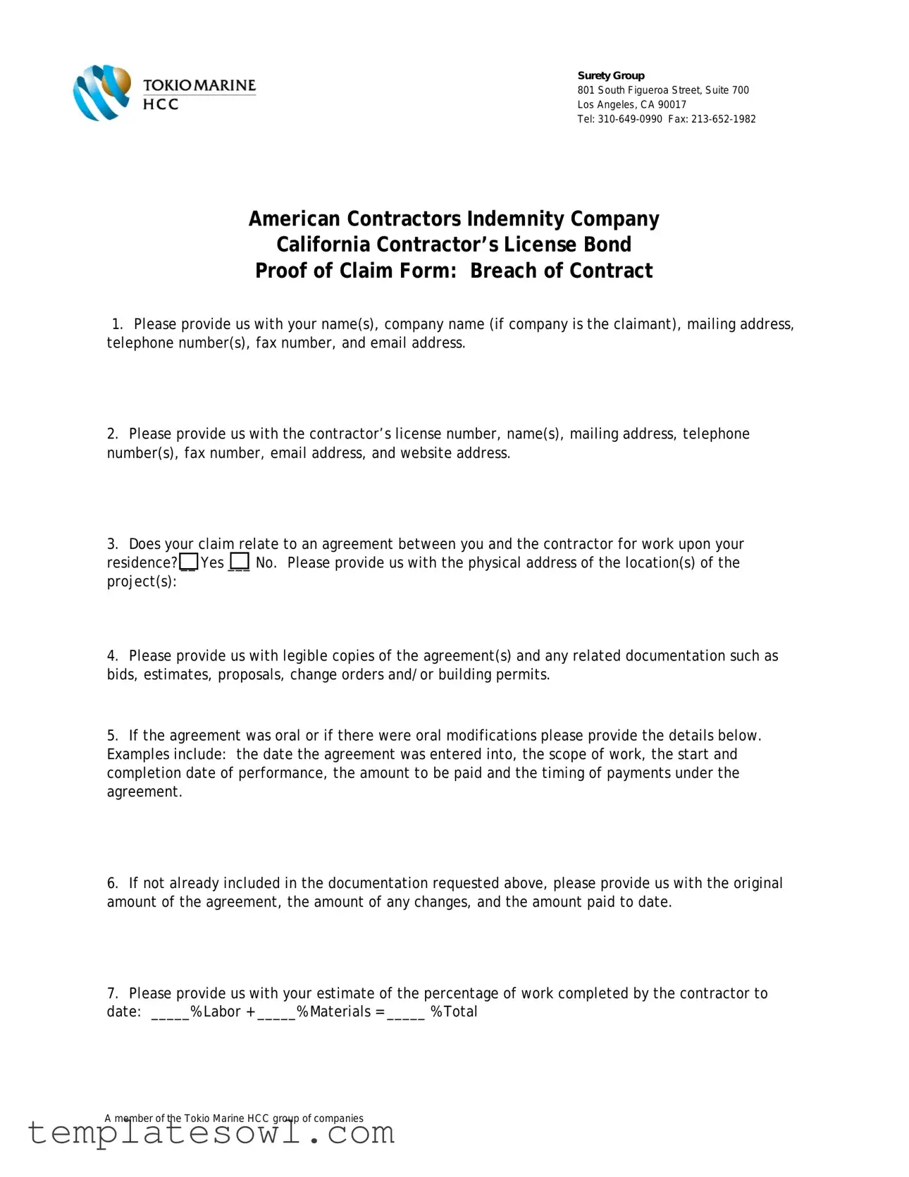 Fill Out Your American Contractors Indemnity Co Form