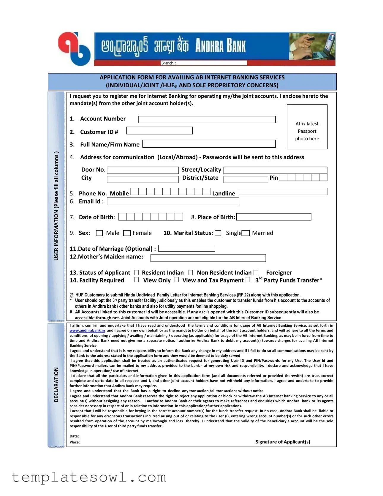 Fill Out Your Andhra Bank Customer Id Form