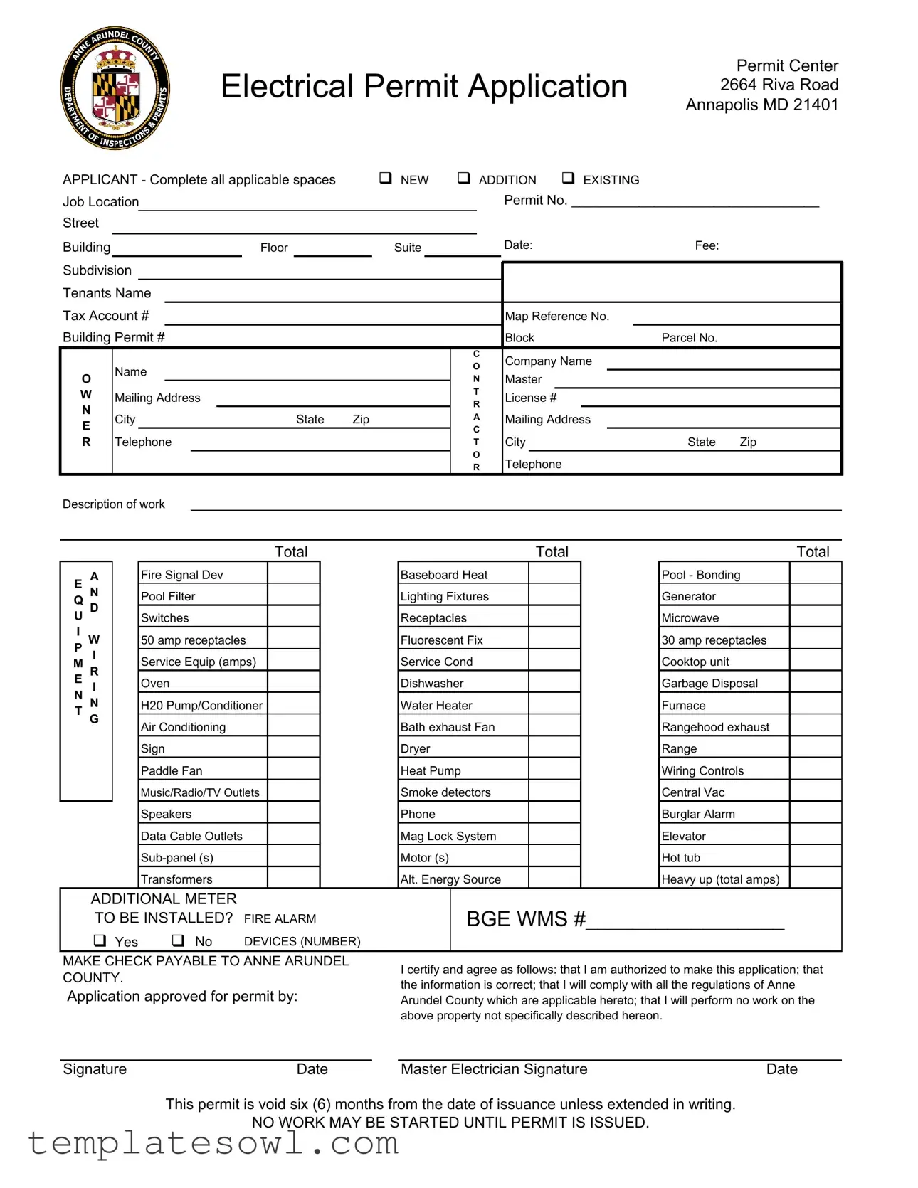 Fill Out Your Anne Arundel Application Electrical Permit Form