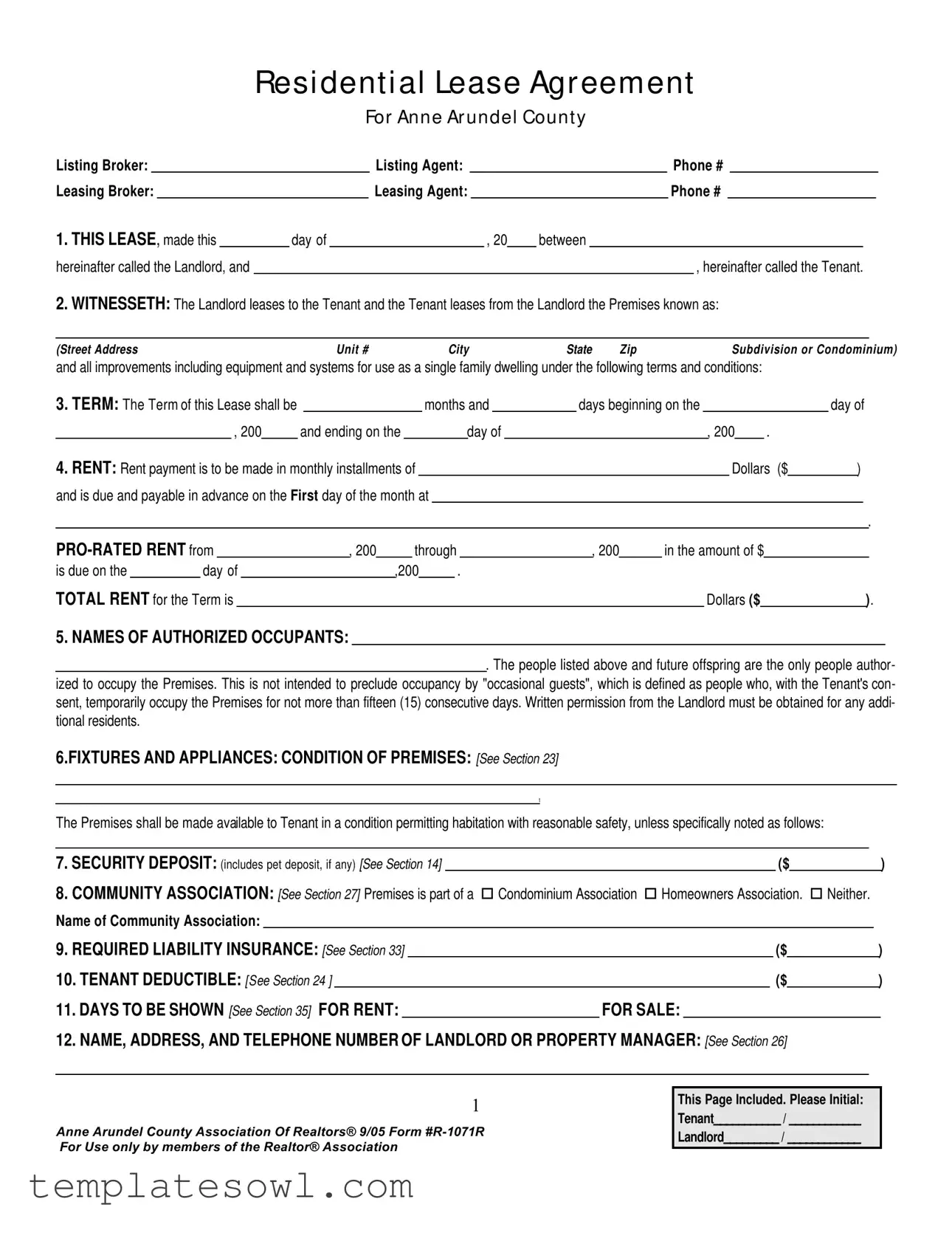 Fill Out Your Anne Arundel County Lease Form