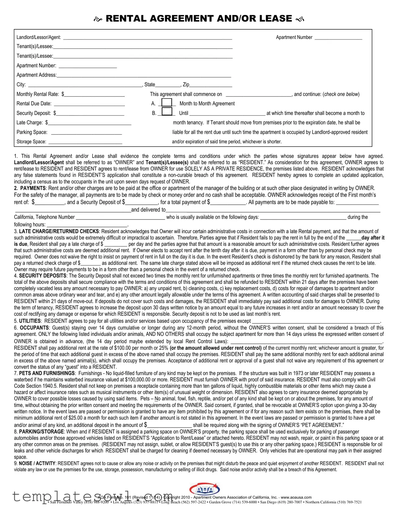 Fill Out Your Aoa Rental Agreement Form