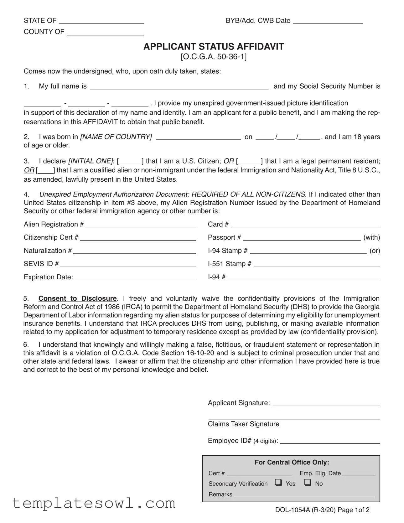 Fill Out Your Applicant Status Affidavit Form