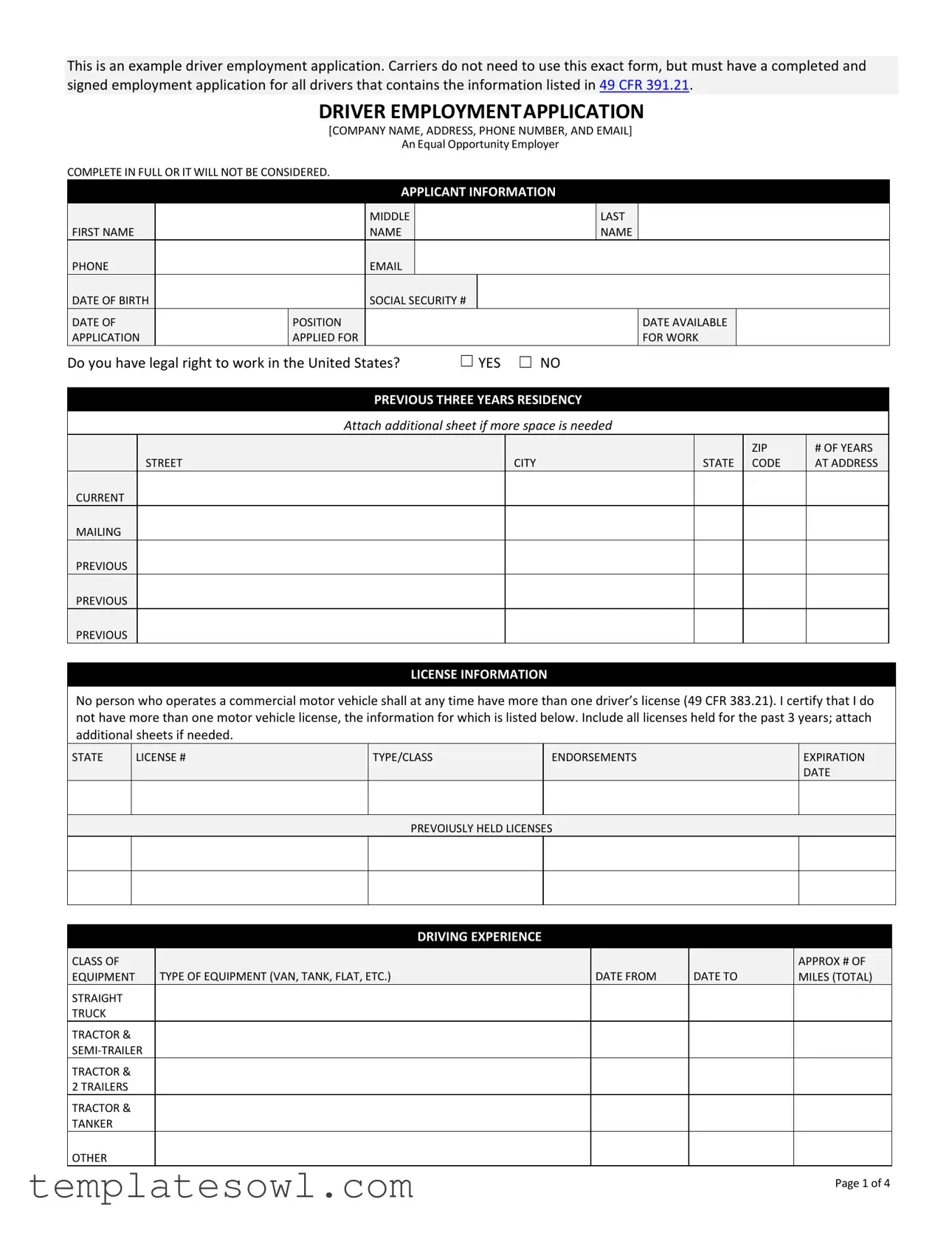 Fill Out Your Application For Driver Form