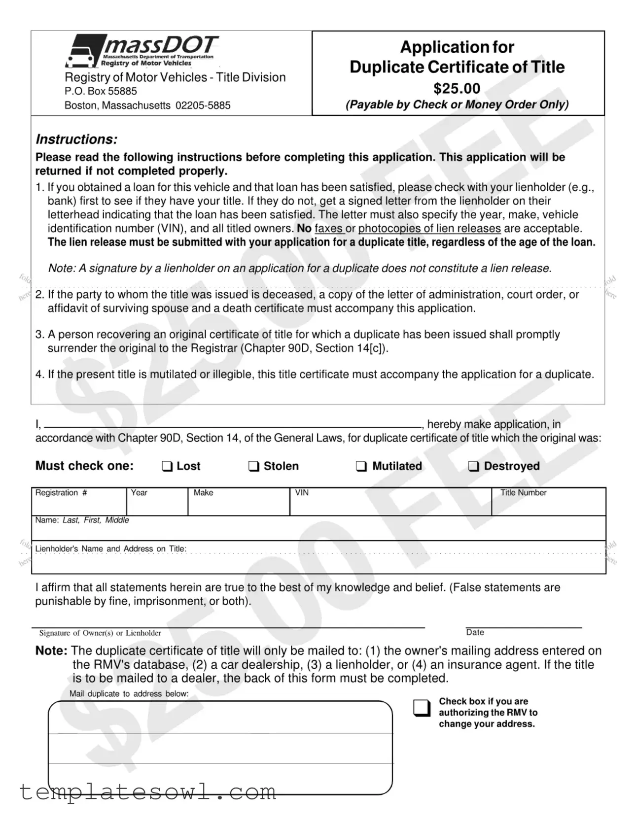 Fill Out Your Application For Duplicate Certificate Of Title Form