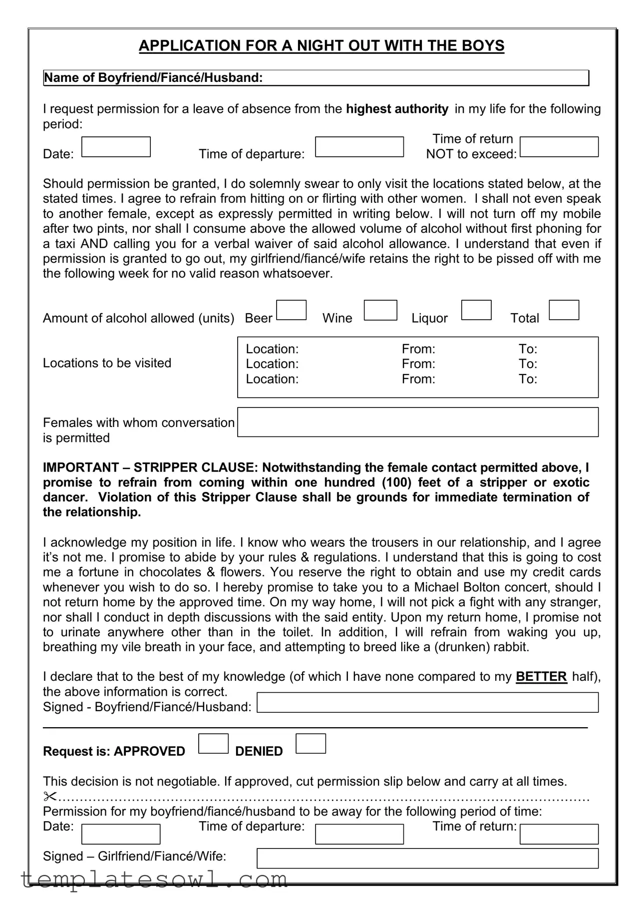 Fill Out Your Application For Night Out With Boys Form