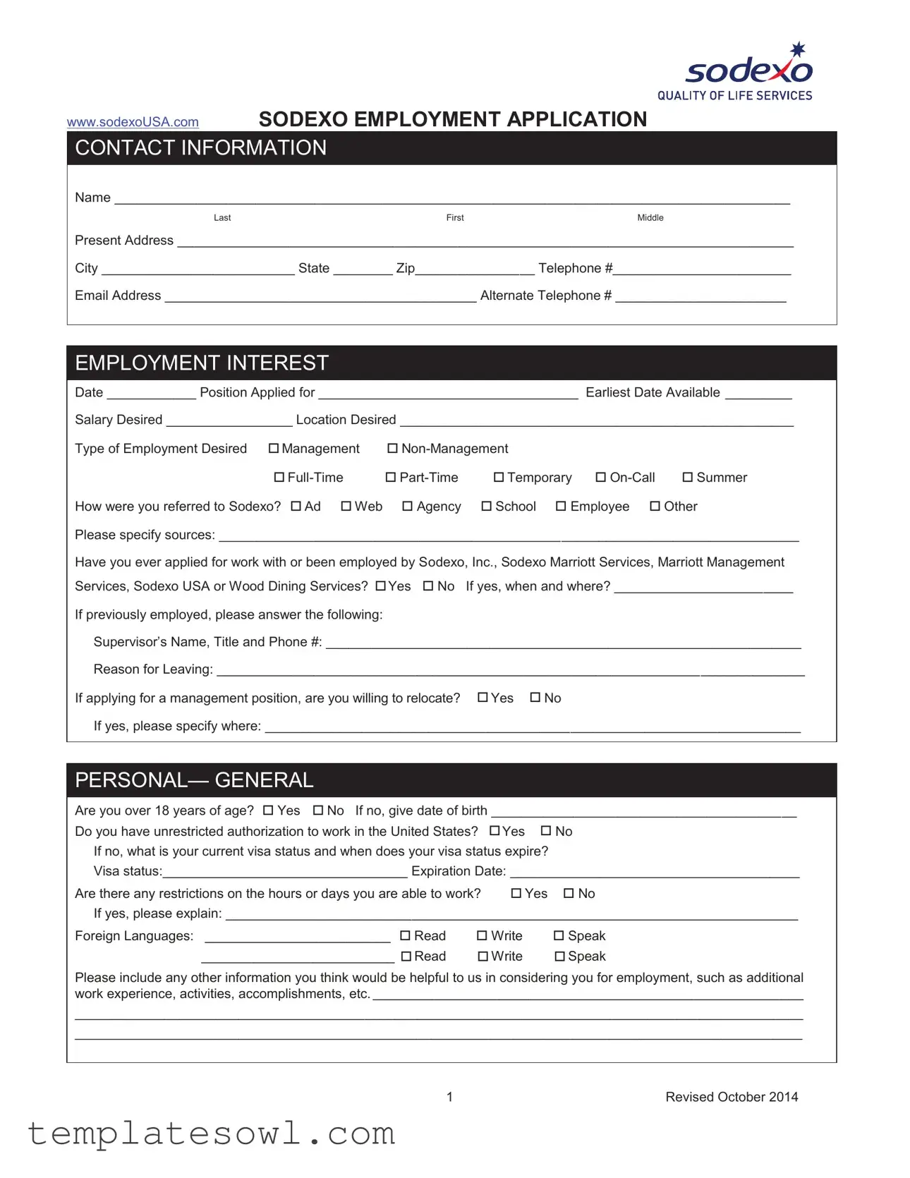 Fill Out Your Application For Sodexo Job Form