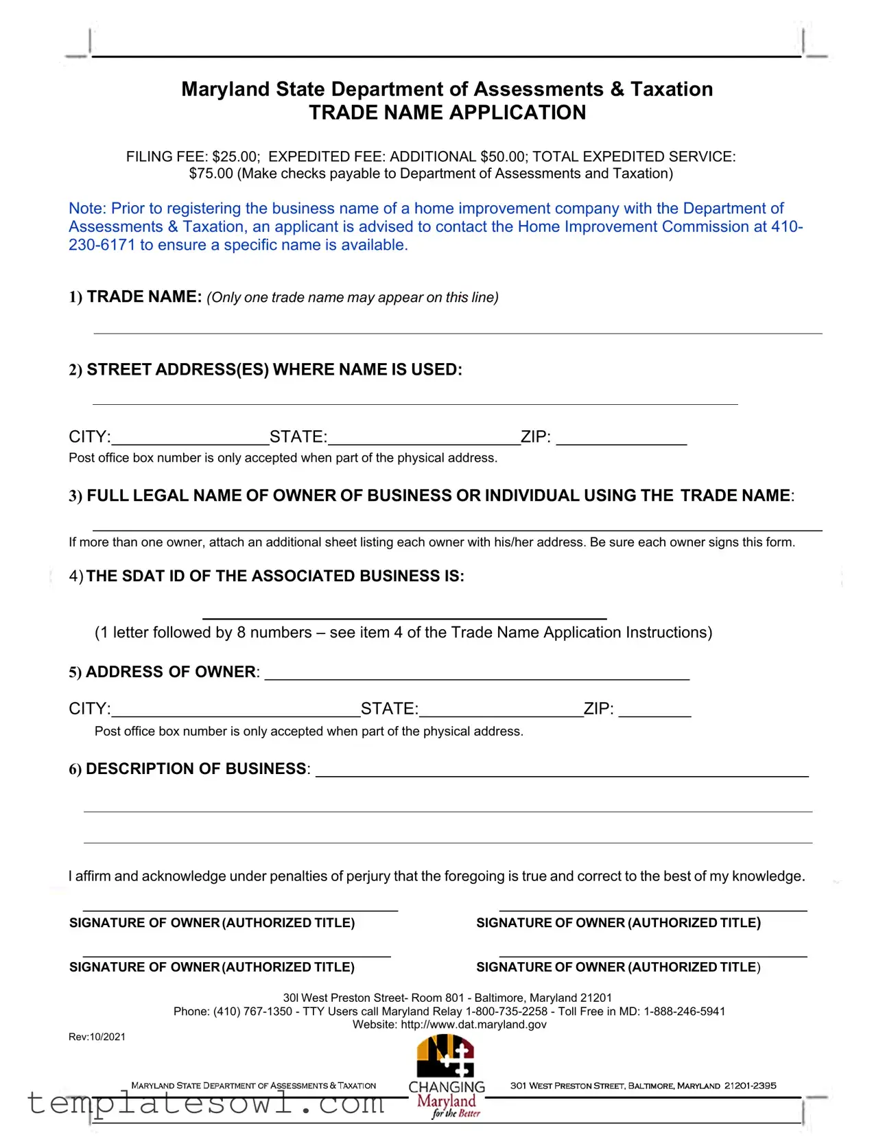 Fill Out Your Application For Trade Name Form