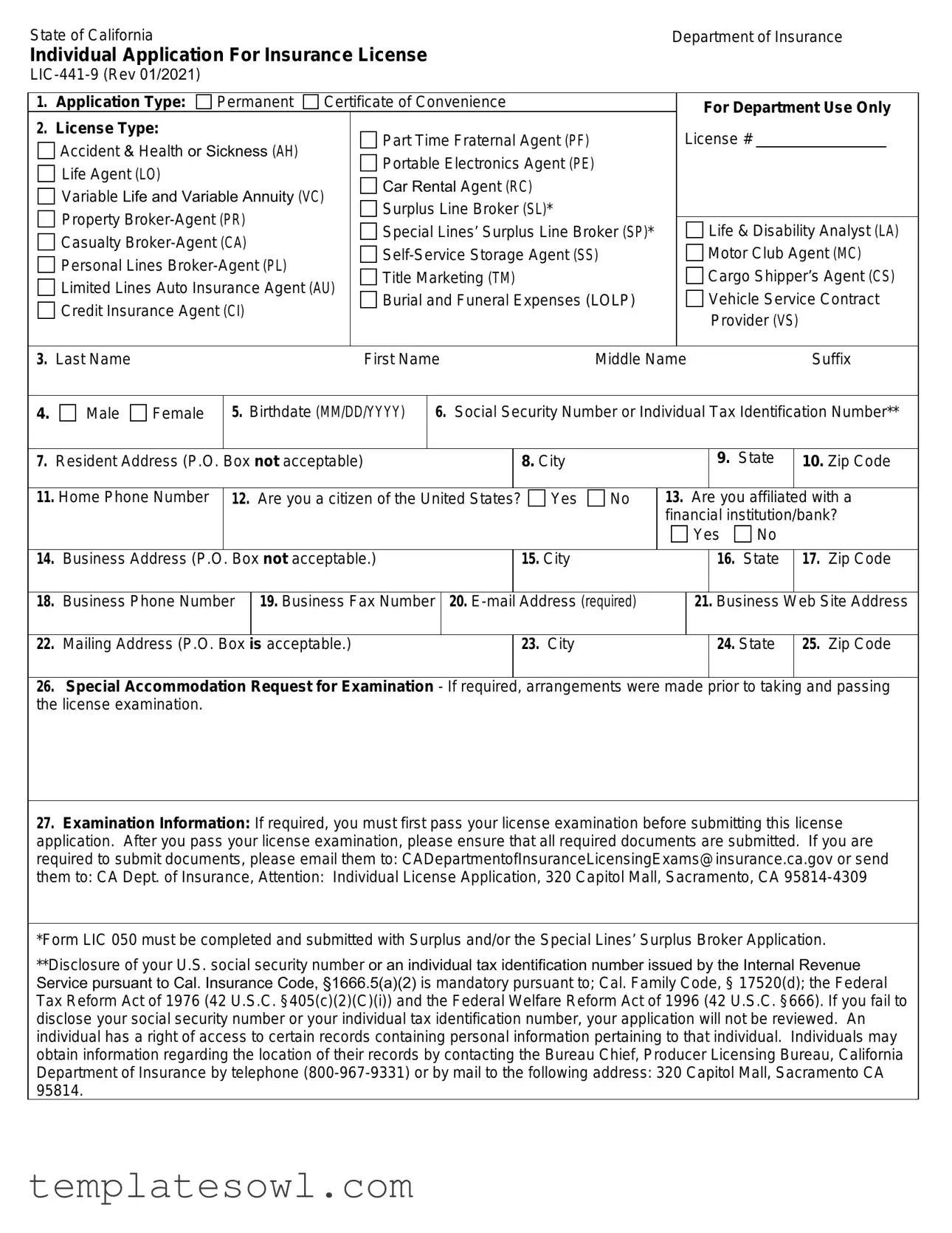 Fill Out Your Application Insurance License Form