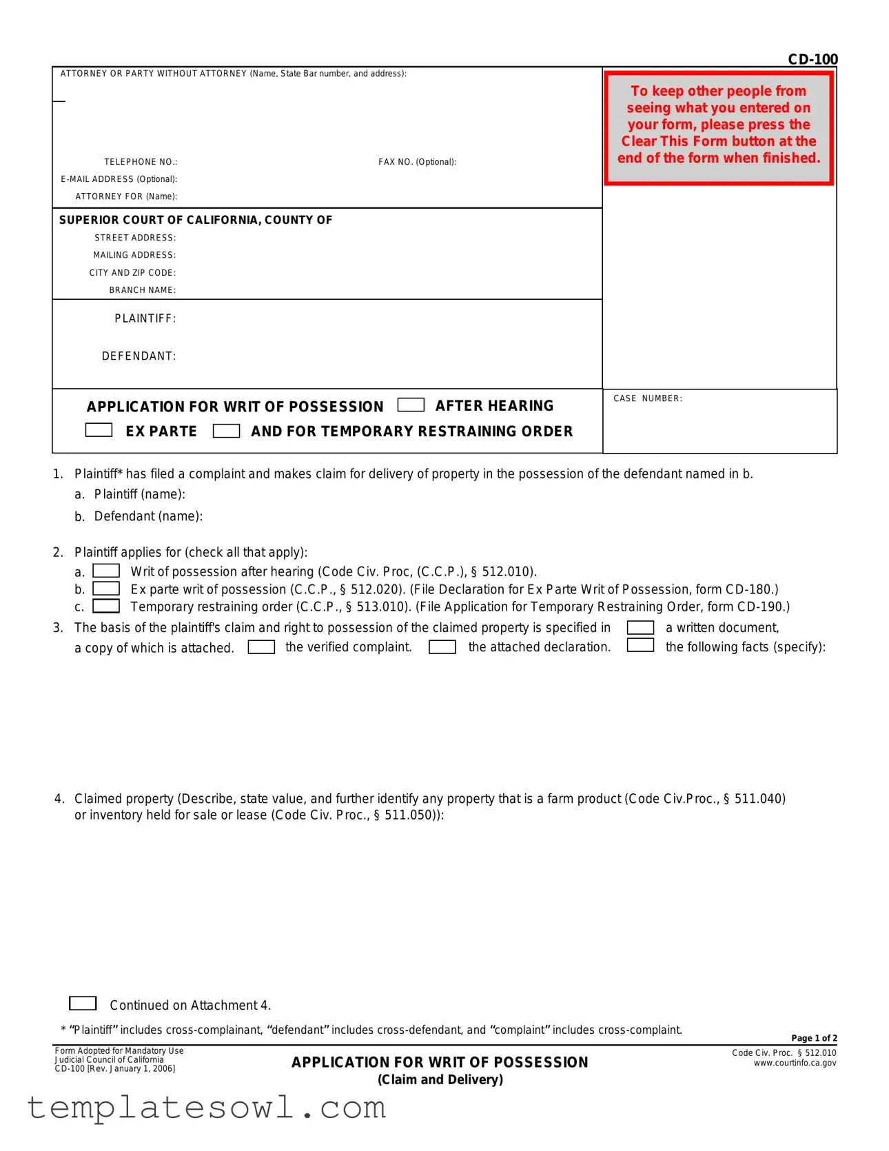 Fill Out Your Application Writ Form