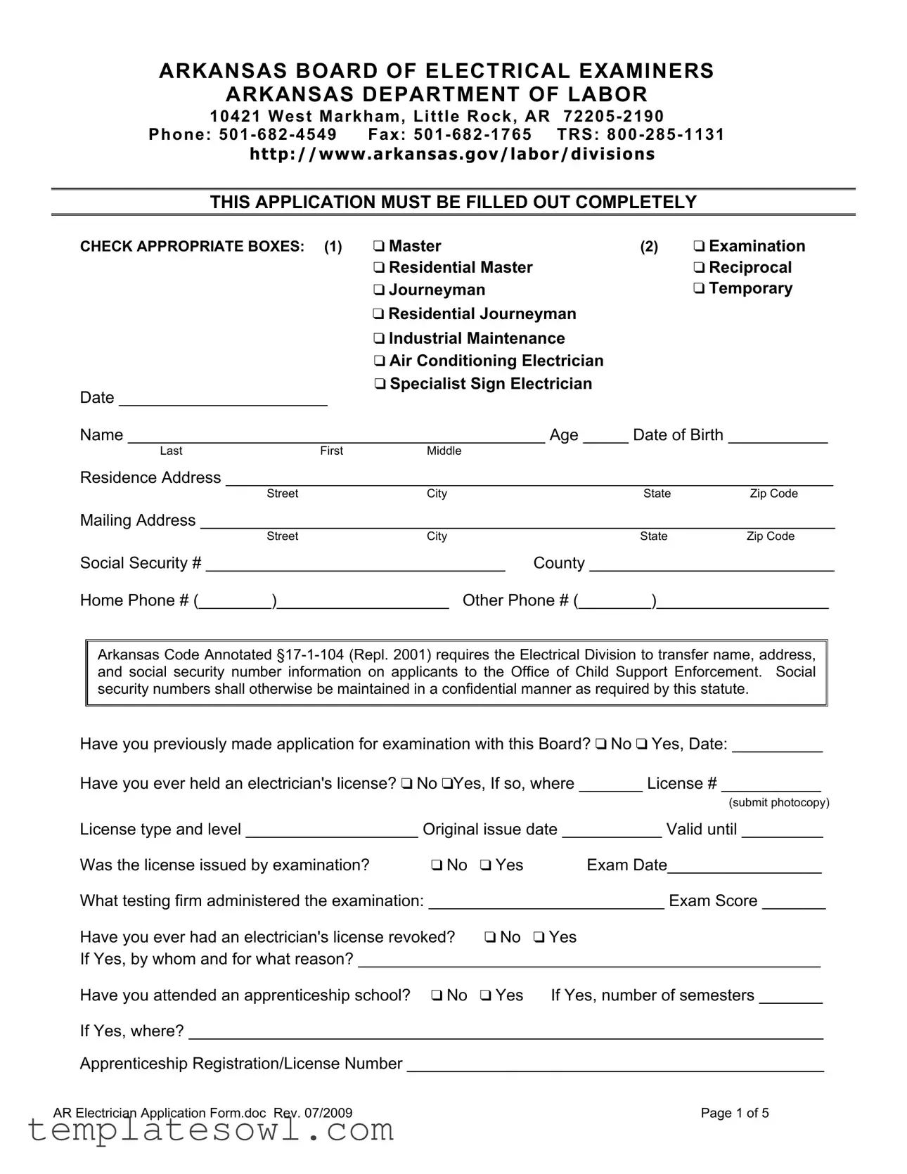 Fill Out Your Ar Electrician Application Form