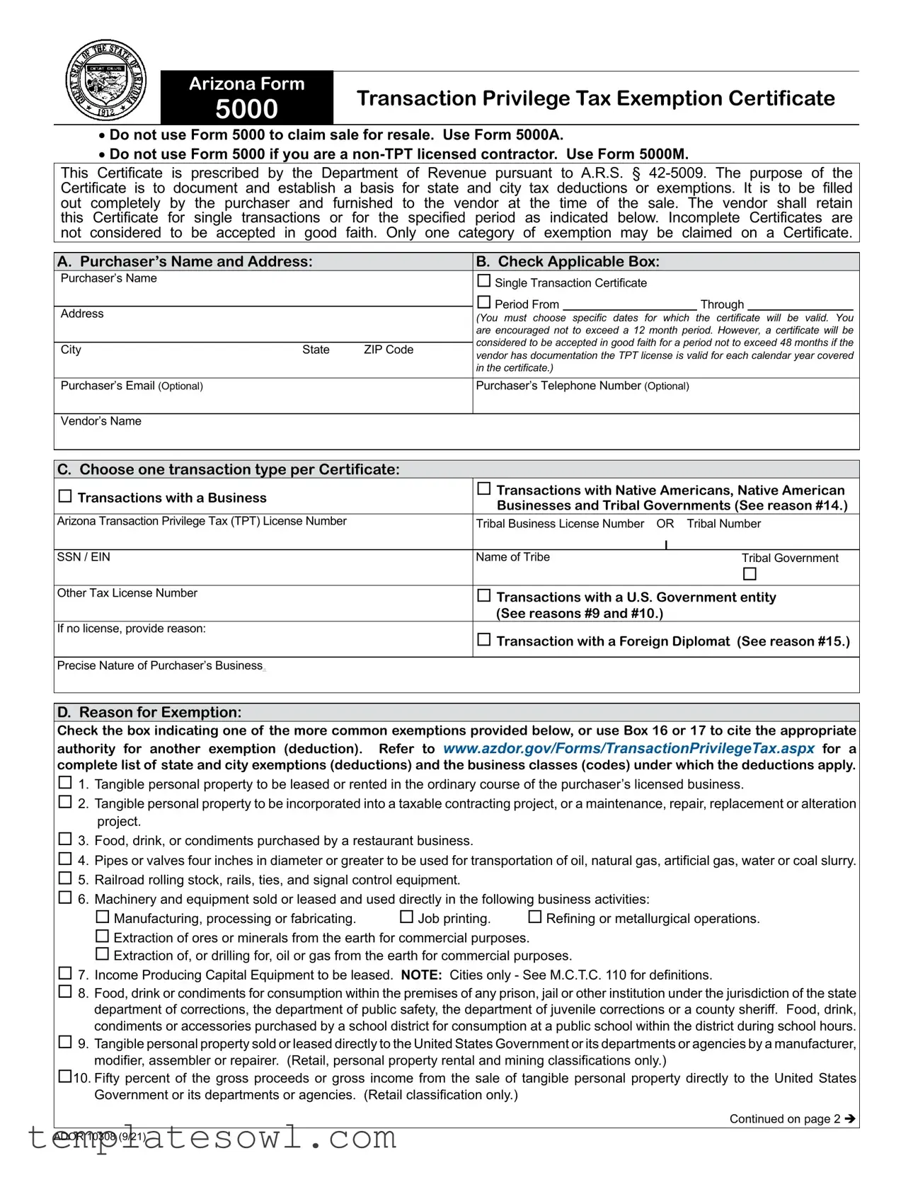 Fill Out Your Arizona 5000 Form