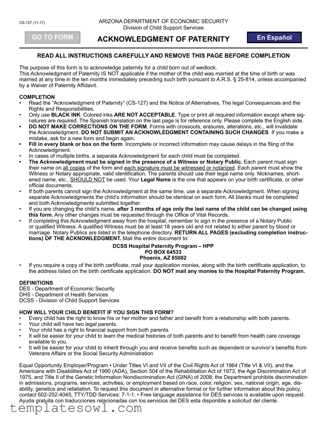 Fill Out Your Arizona Paternity Form
