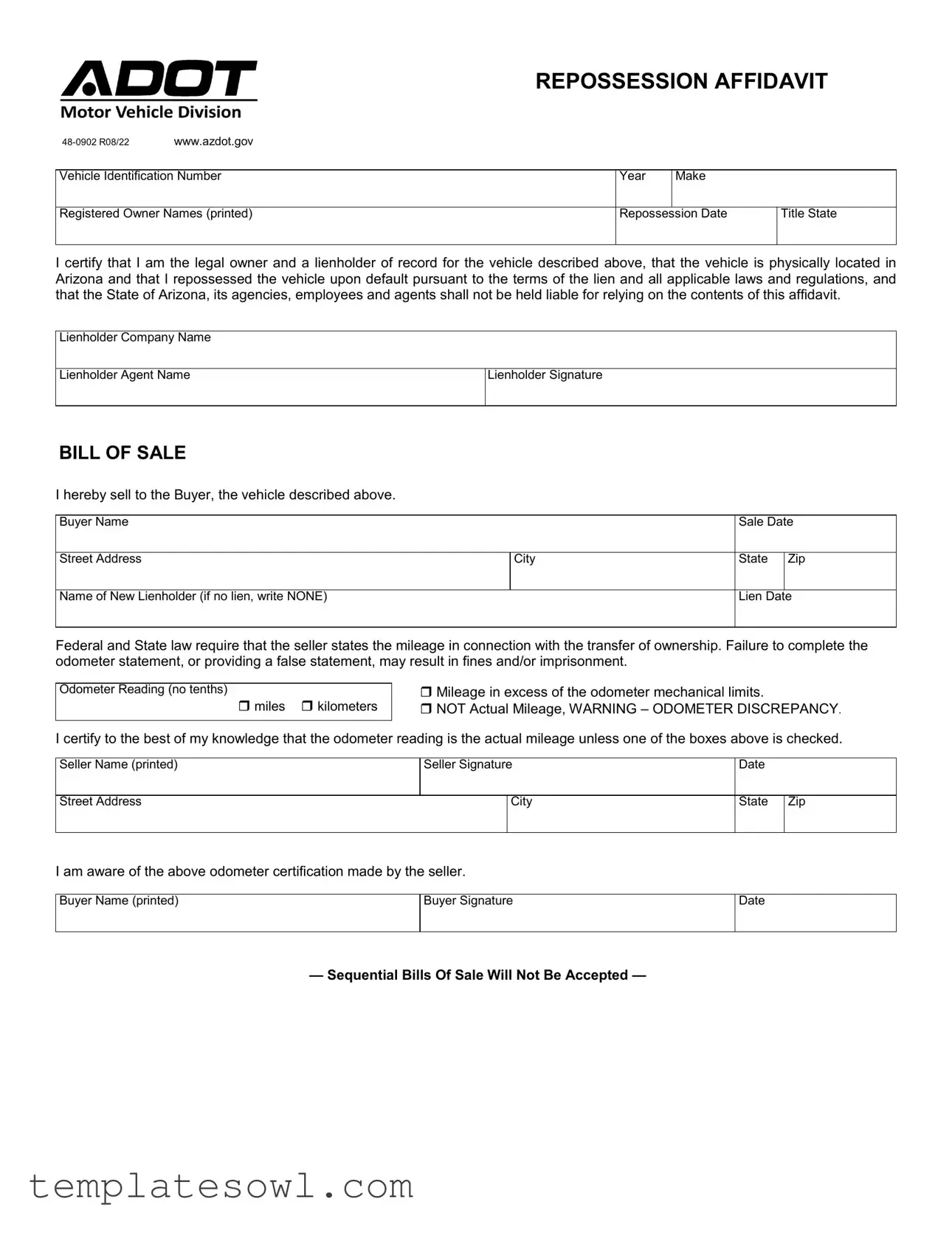 Fill Out Your Arizona Repossession Affidavit Form