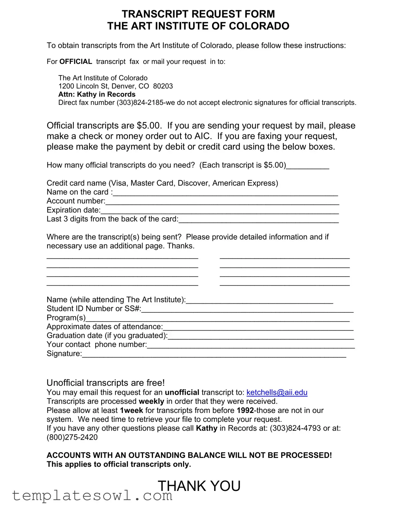 Fill Out Your Art Institute Colorado Transcript Request Form