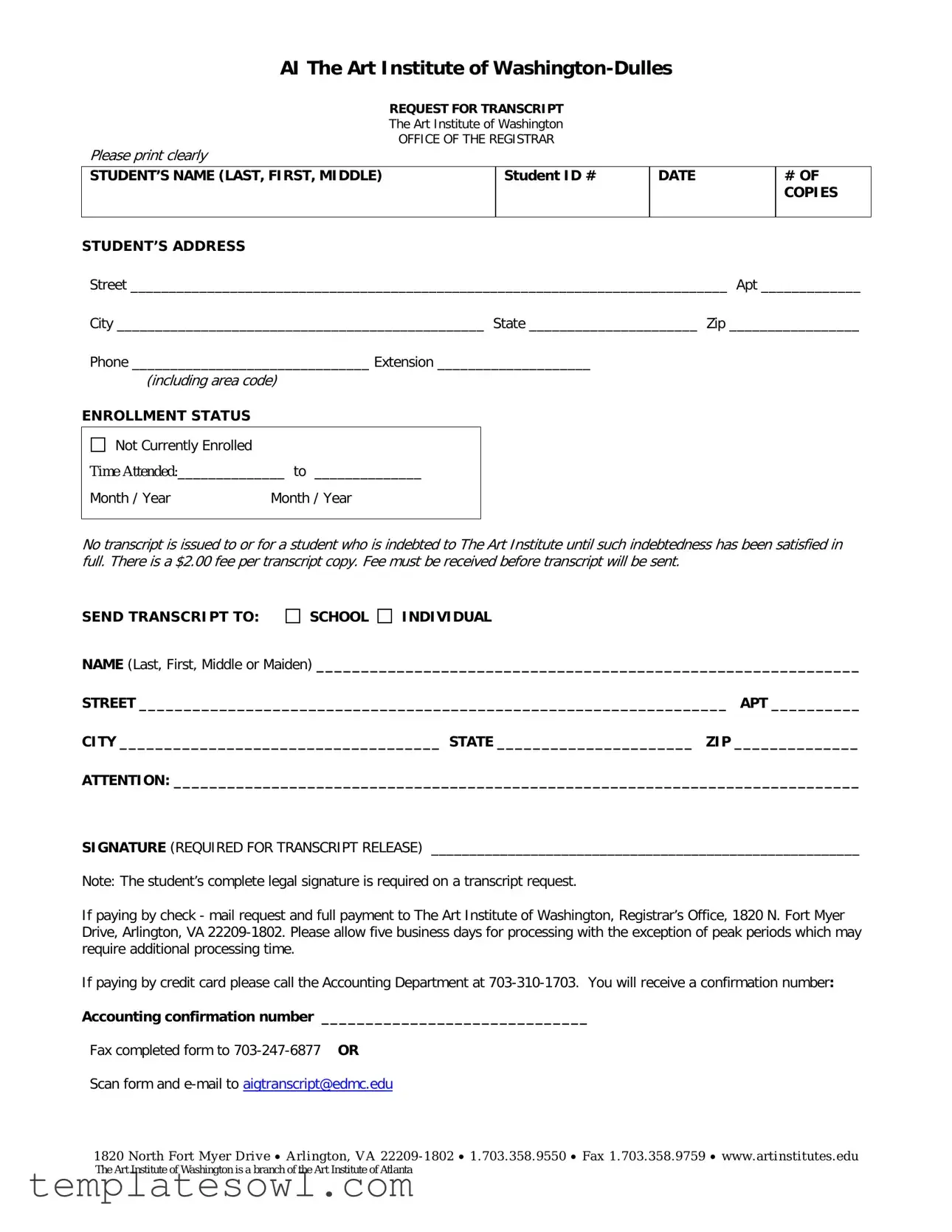 Fill Out Your Art Institute Of Washington Transcript Request Form