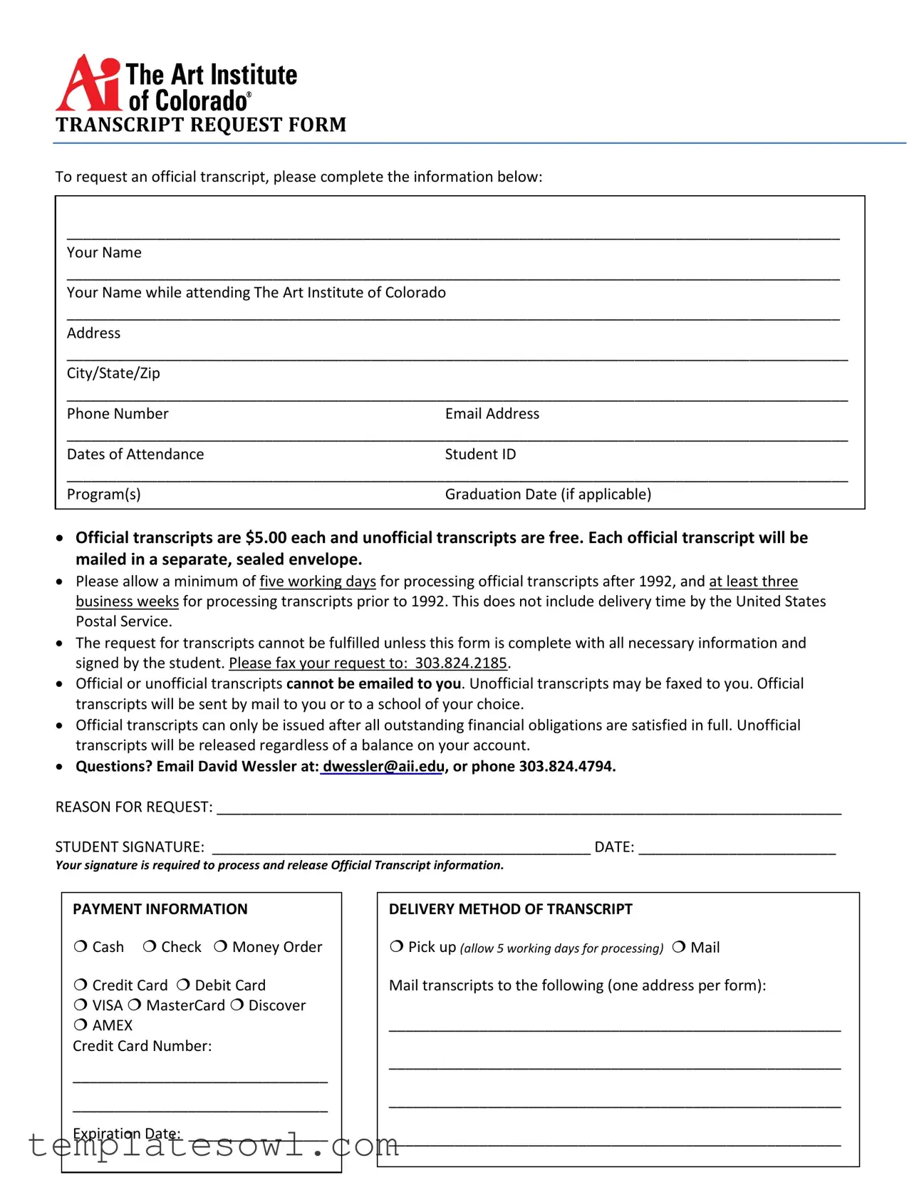 Fill Out Your Art Institute Transcript Form