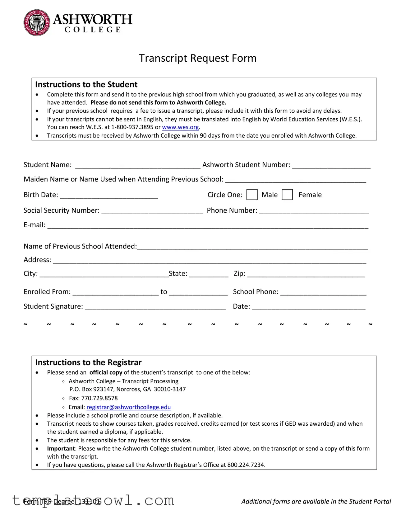 Fill Out Your Ashworth Transcript Request Form