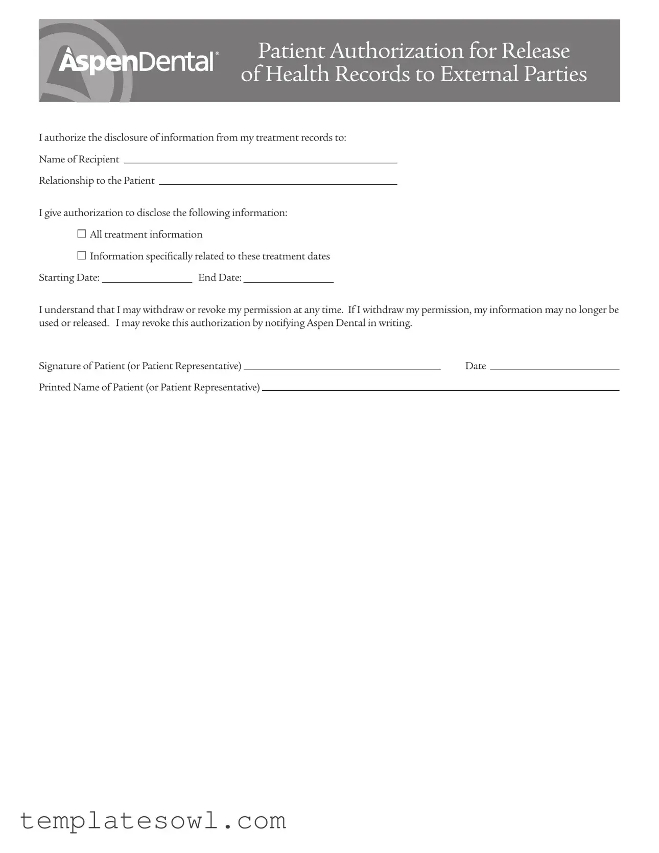 Fill Out Your Aspen Dental Health Information Release Form