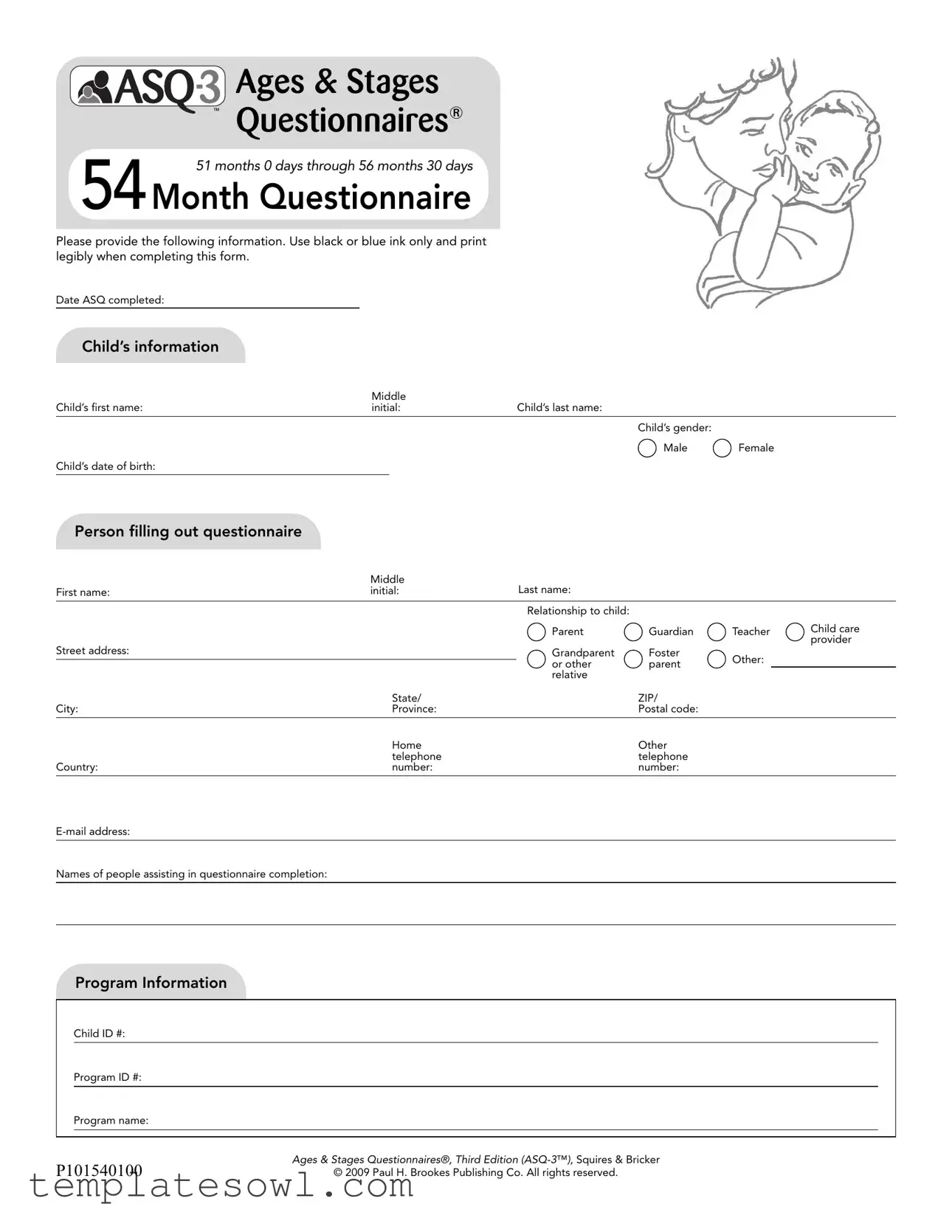 Fill Out Your Asq 54 Month Questionnaire Form
