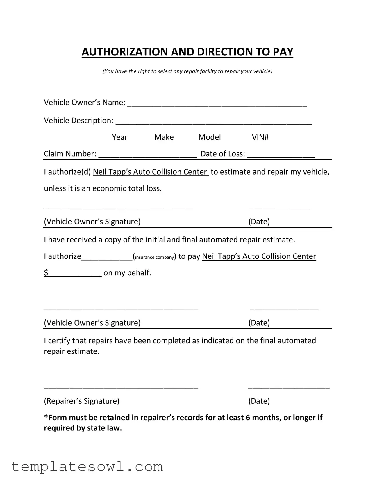 Fill Out Your Authoization Direction Pay Form