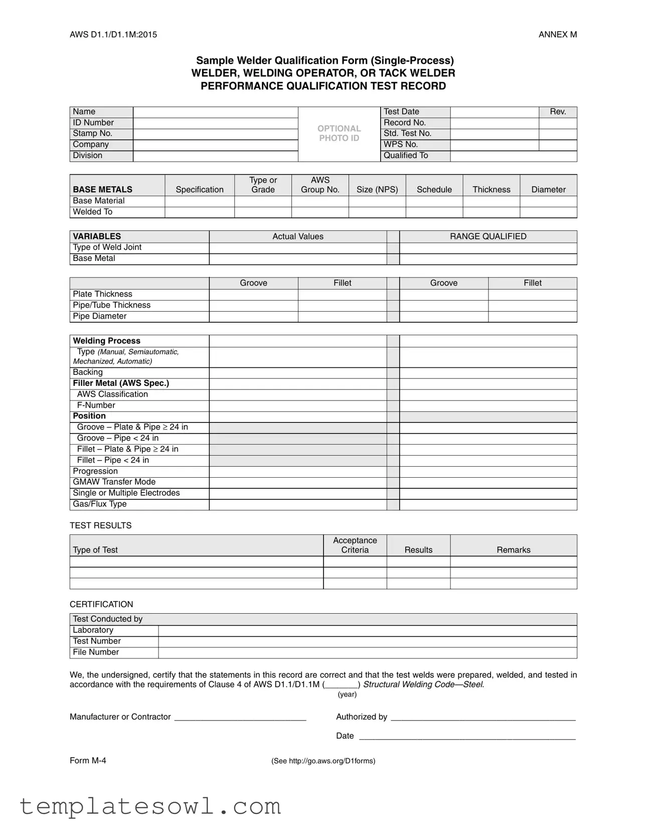 Fill Out Your Aws D11 Welder Qualification Form